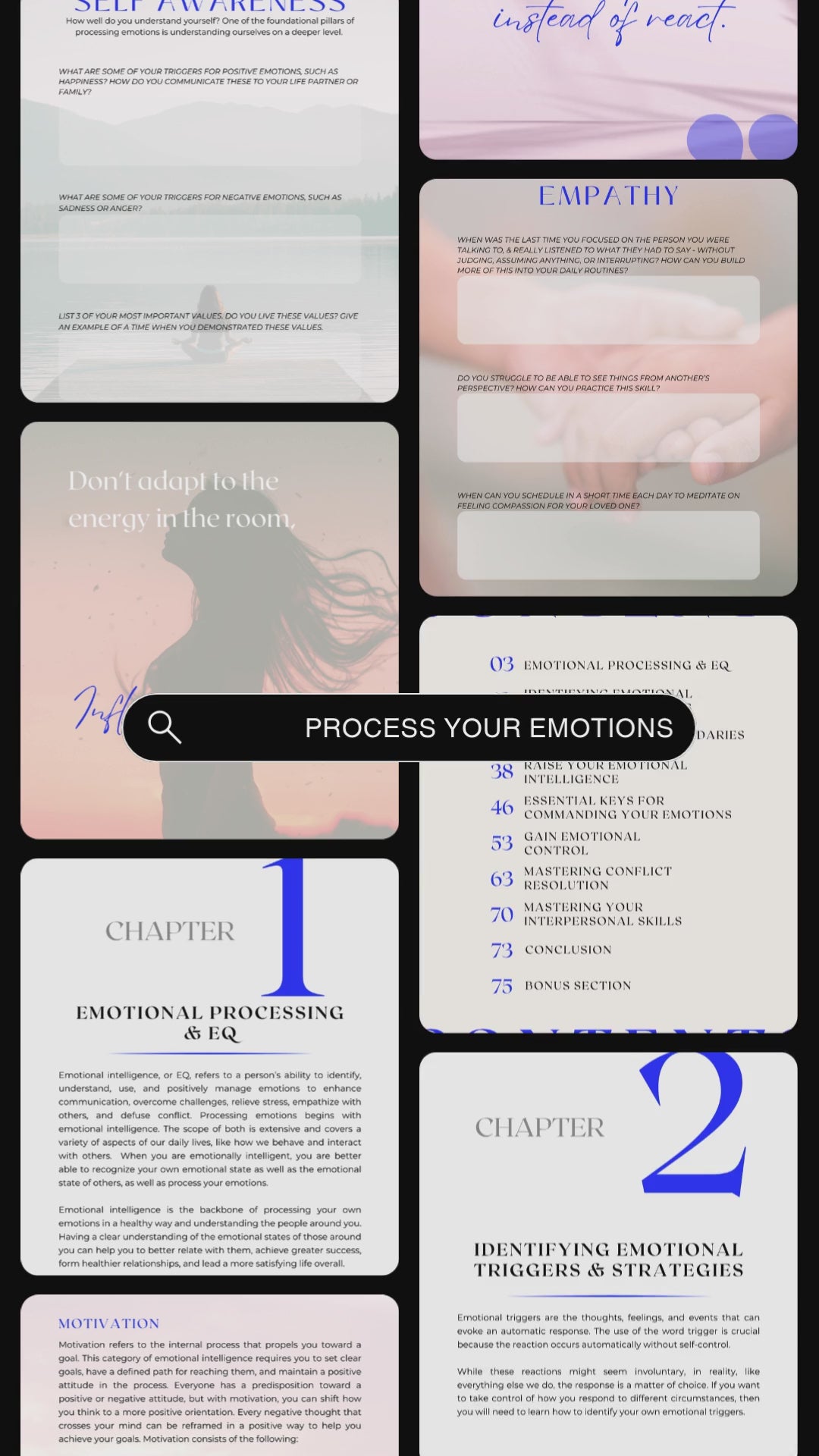 Video showcasing previews of the healing guide and workbook "Process your emotions". 