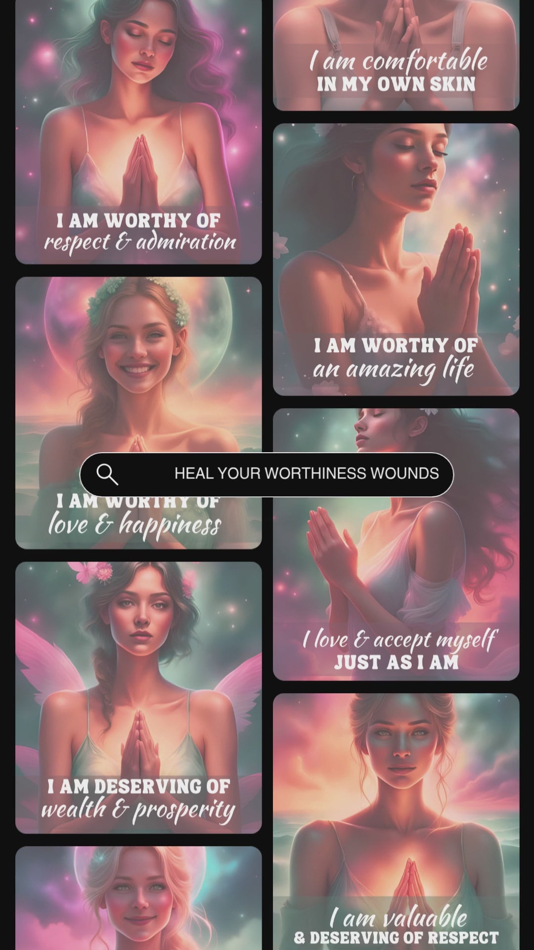 Video showcasing previews of the affirmation card deck "Heal your worthiness wounds"