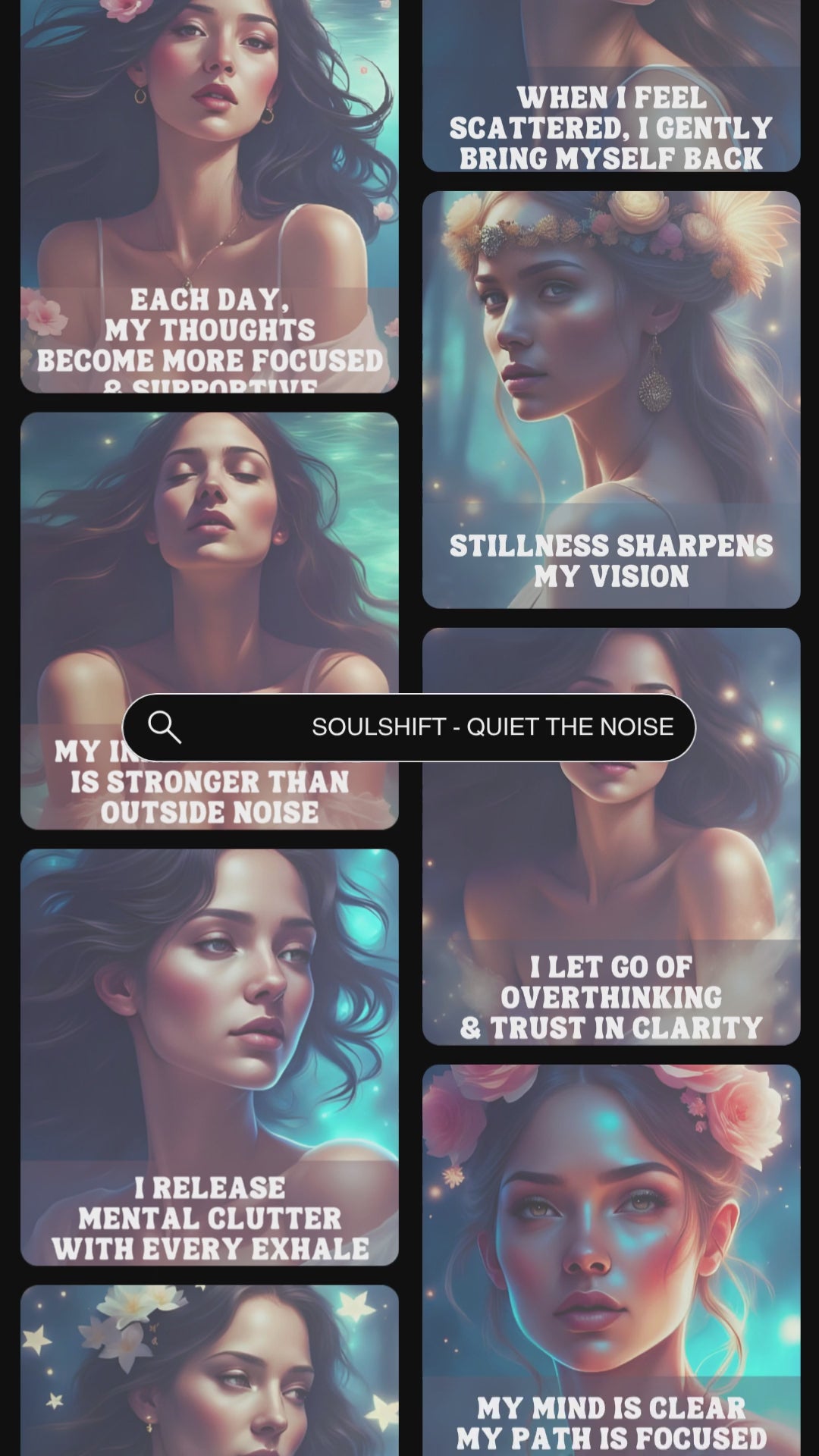 Video showcasing previews of the affirmation cards from the deck "Quiet the Noise" of the "Soulshift" collection.