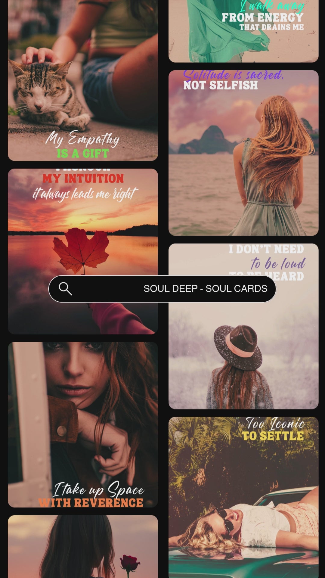 Video showcasing previews of the affirmation card deck "Soul Deep" - Power cards to help you listen. Available in personal use license and private label rights. 