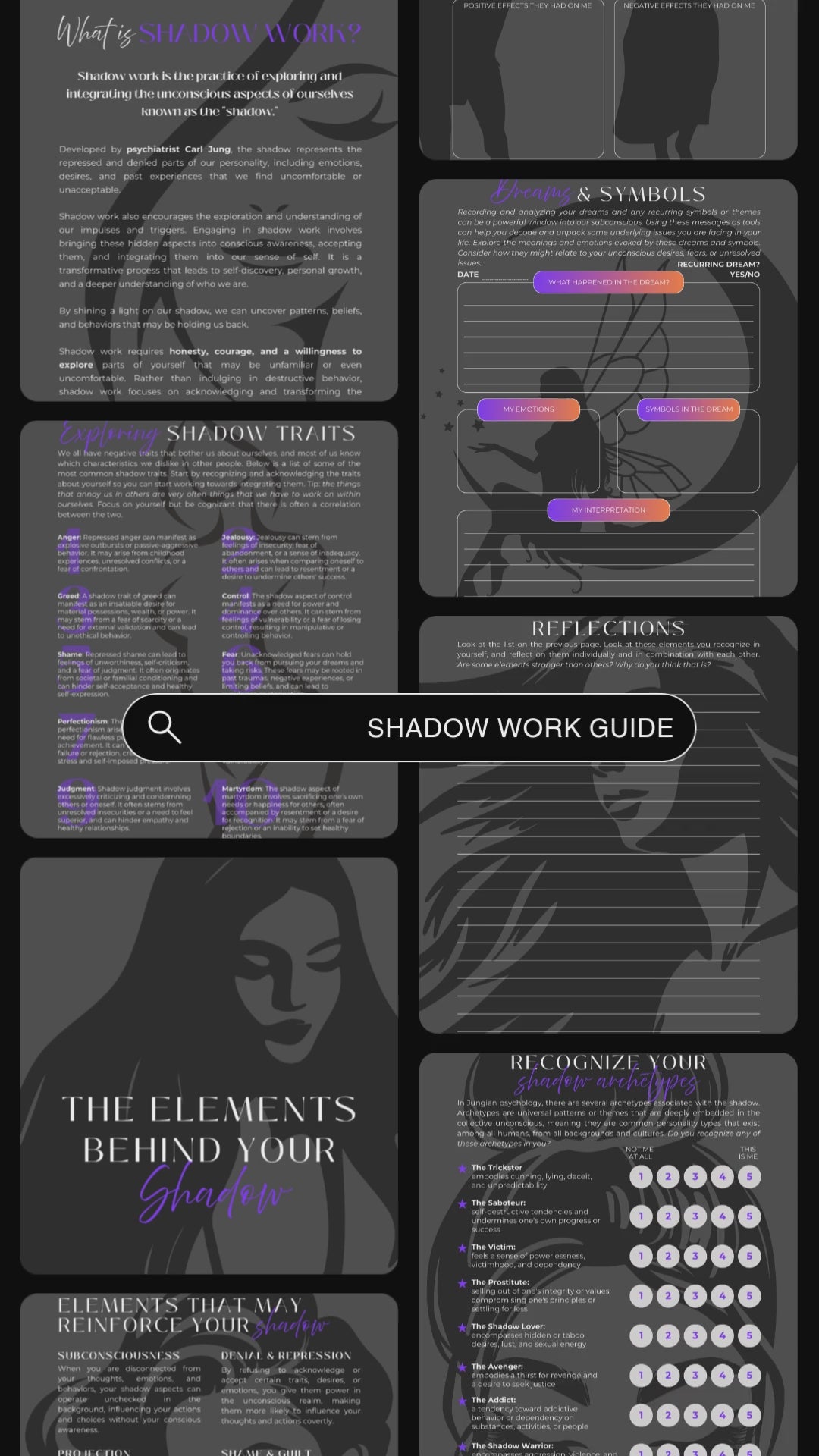 Video showcasing previews of the Shadow work guide and journal. Available in personal use license and master resell rights. 