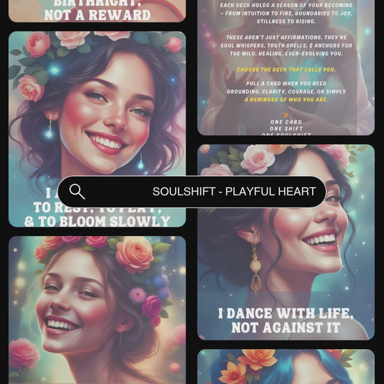 Video showcasing previews of the affirmation cards from the deck "Playful Heart" of the collection "Soulshift". Available in personal use license and private label rights. 