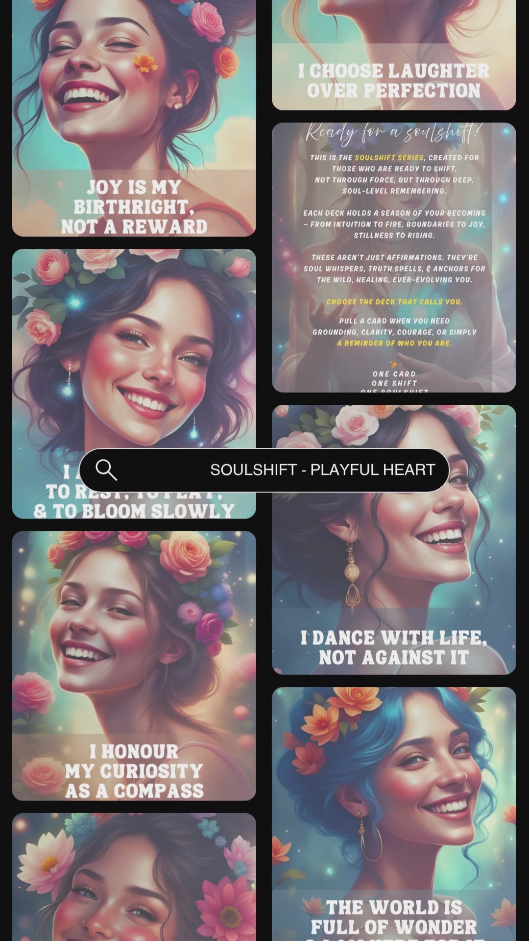 Video showcasing previews of the affirmation cards from the deck "Playful Heart" of the collection "Soulshift". Available in personal use license and private label rights. 