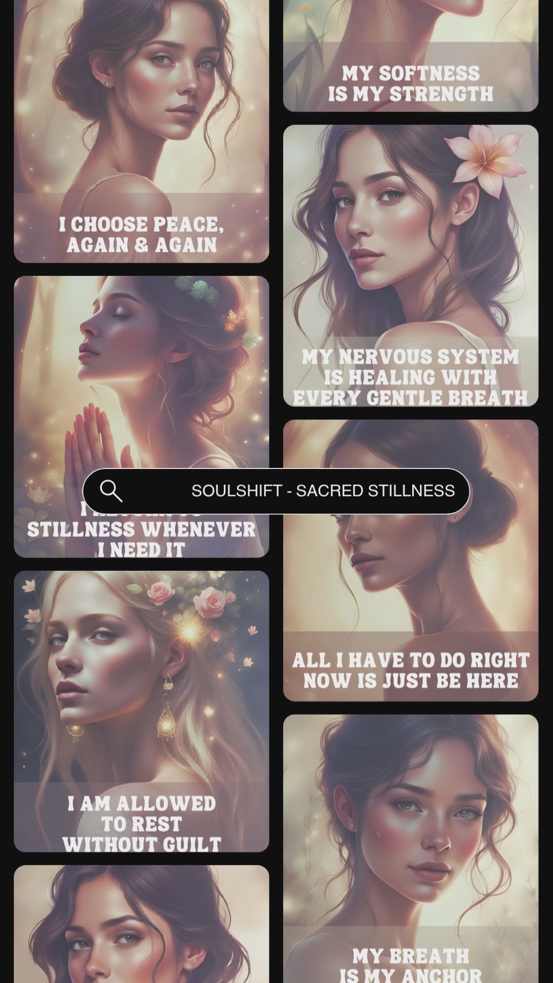video showcasing previews of the affirmation cards from the Sacred Stillness deck from the collection Soulshift by the pondering muse.