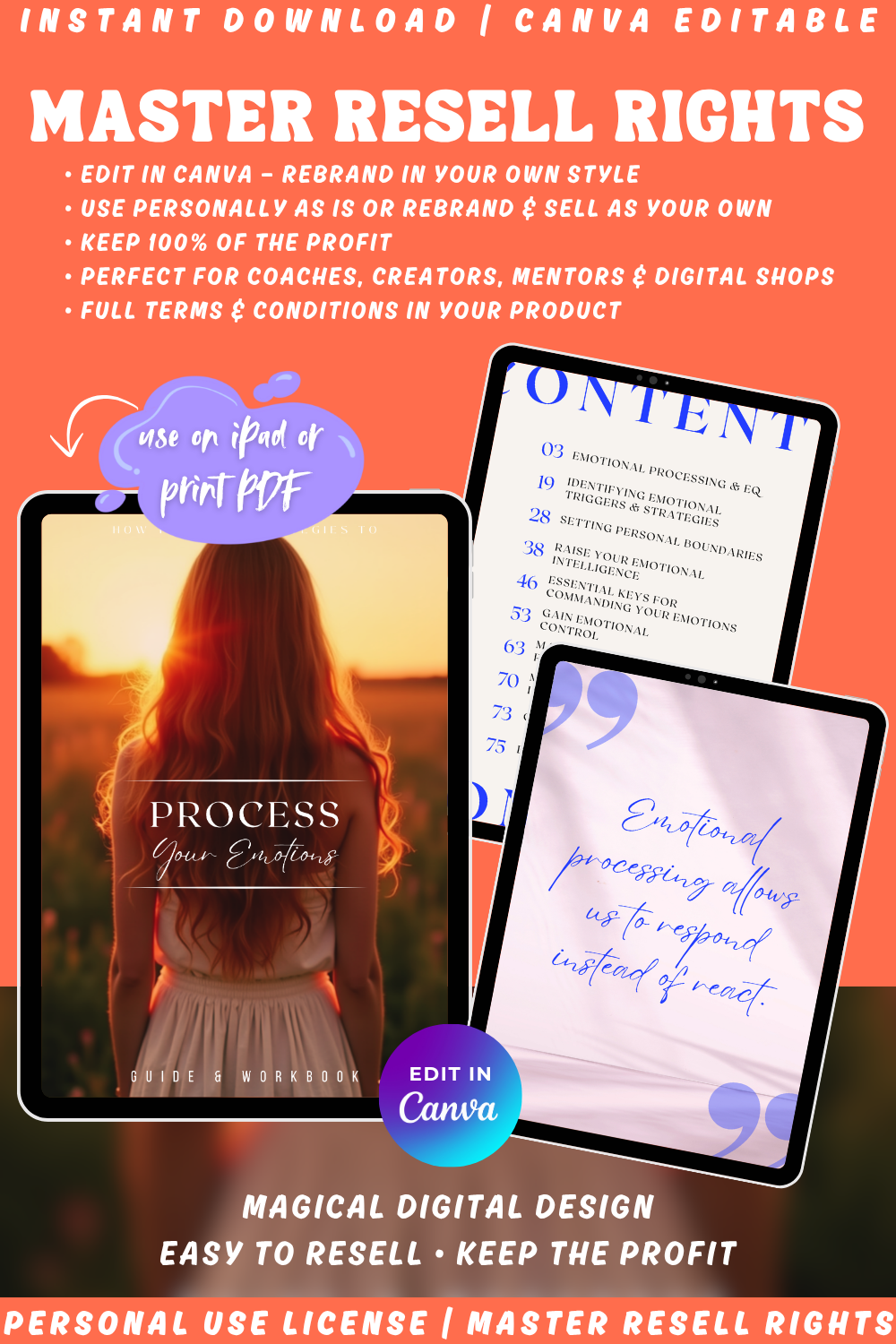 "Process your emotions" guide and workbook - available in personal use license, private label rights and master resell rights. Edit in canva or use personally. Perfect for shadow work healing. 