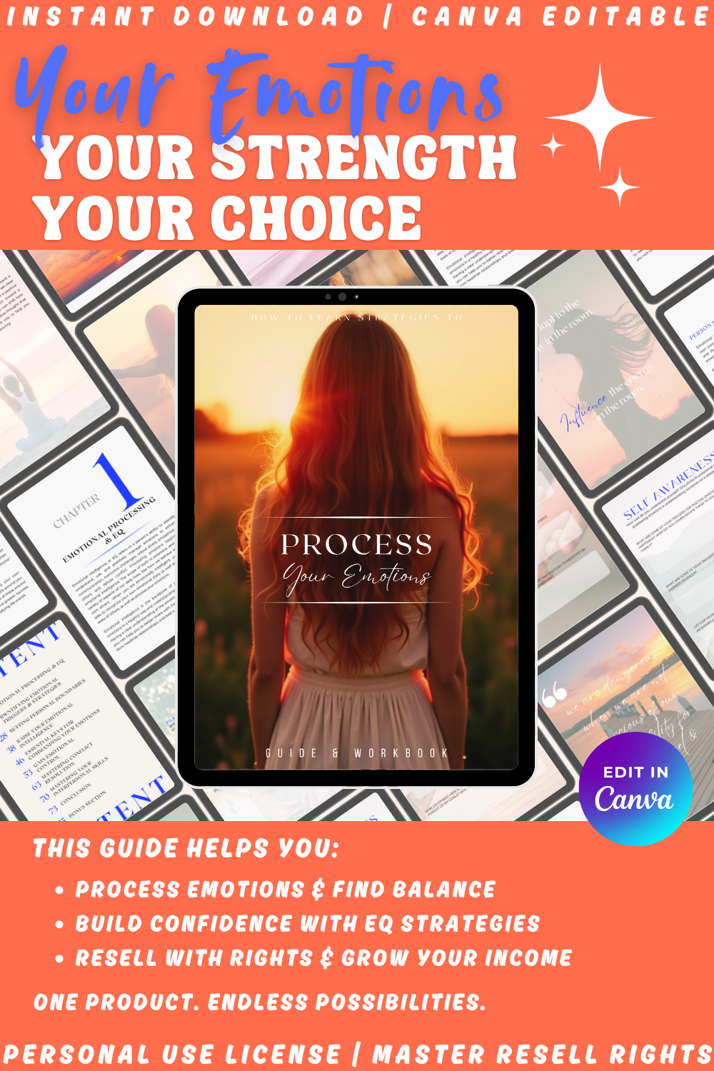 Promotional graphic of the guide and workbook "Process your emotions". This guide will help you build confidence wih EQ strategies, process emotions and find balance. Available in personal use license, private label rights and master resell rights. 