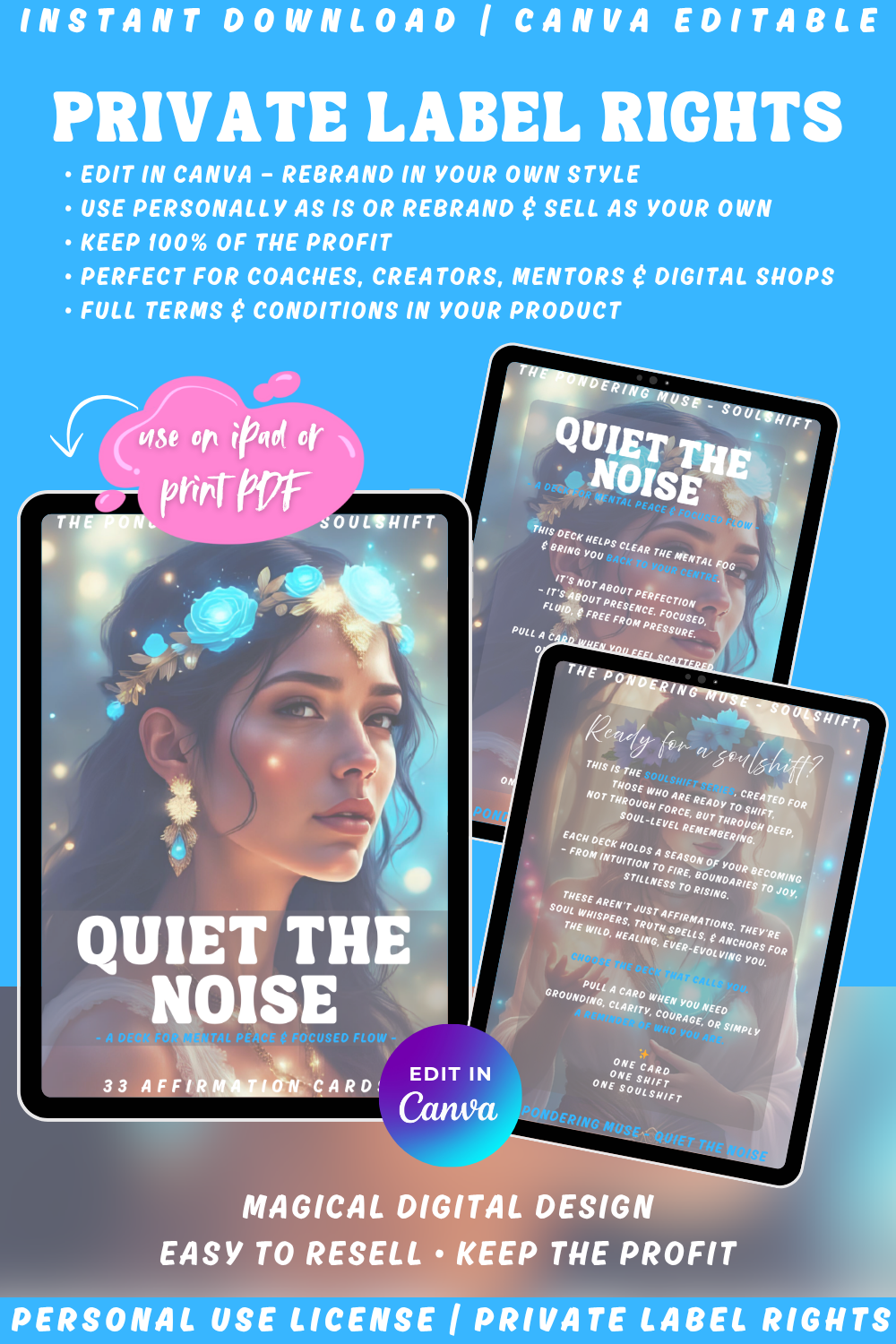 Promotional graphic  for the affirmation card deck "Quiet the Noise" from the "Soulshift" collection. Available in personal use license and private label rights. 