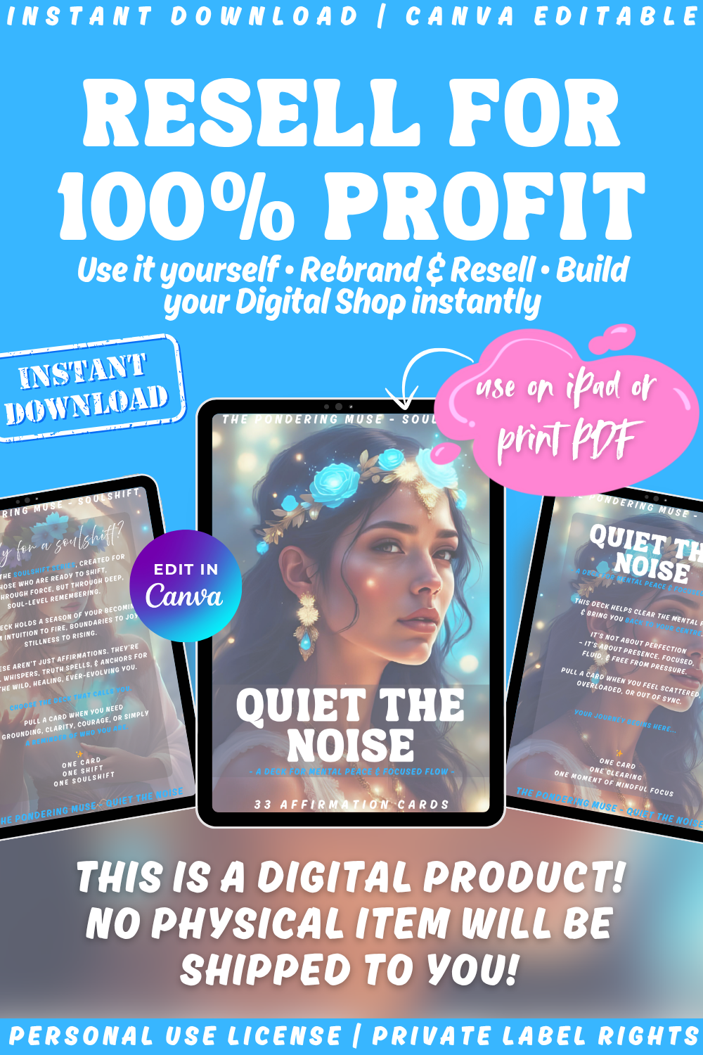 Promotional graphic  for the affirmation card deck "Quiet the Noise" from the "Soulshift" collection. Available in personal use license and private label rights. Resell for and keep 100% profit.