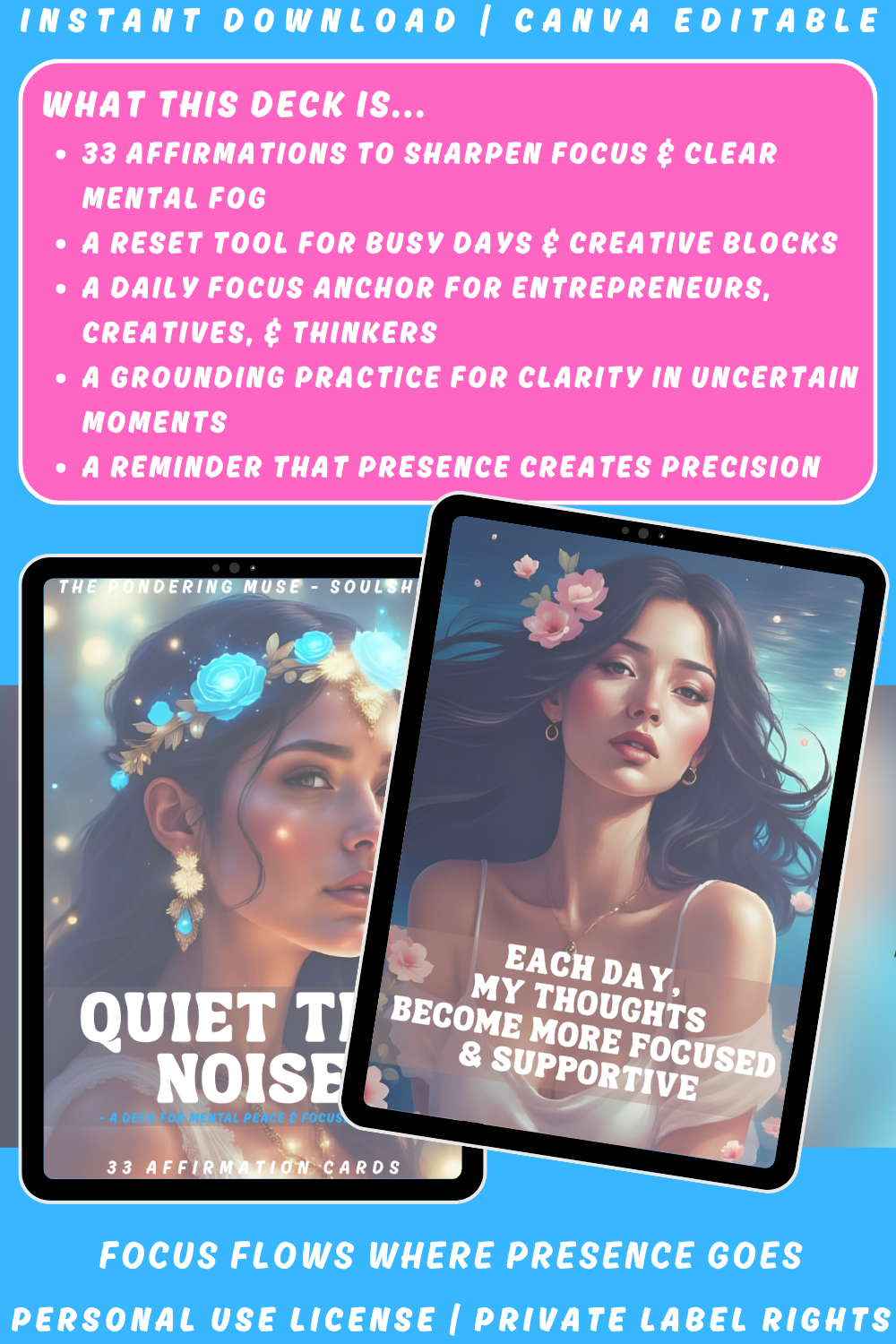 Promotional graphic  for the affirmation card deck "Quiet the Noise" from the "Soulshift" collection. Available in personal use license and private label rights. Image explaining what this deck is.