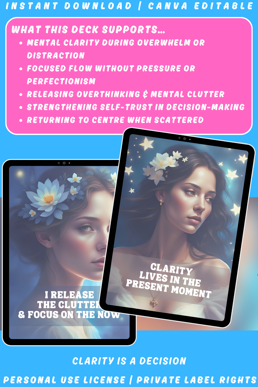 Promotional graphic  for the affirmation card deck "Quiet the Noise" from the "Soulshift" collection. Available in personal use license and private label rights. image explaining what this deck supports.