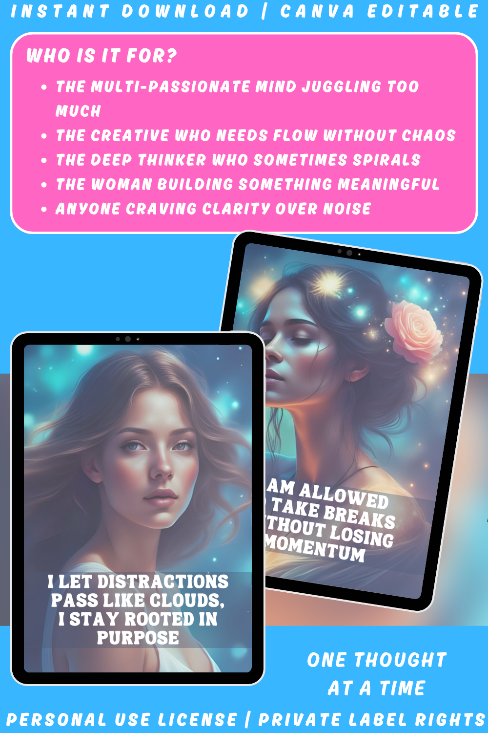 Promotional graphic  for the affirmation card deck "Quiet the Noise" from the "Soulshift" collection. Available in personal use license and private label rights. image explaining who the deck is for.