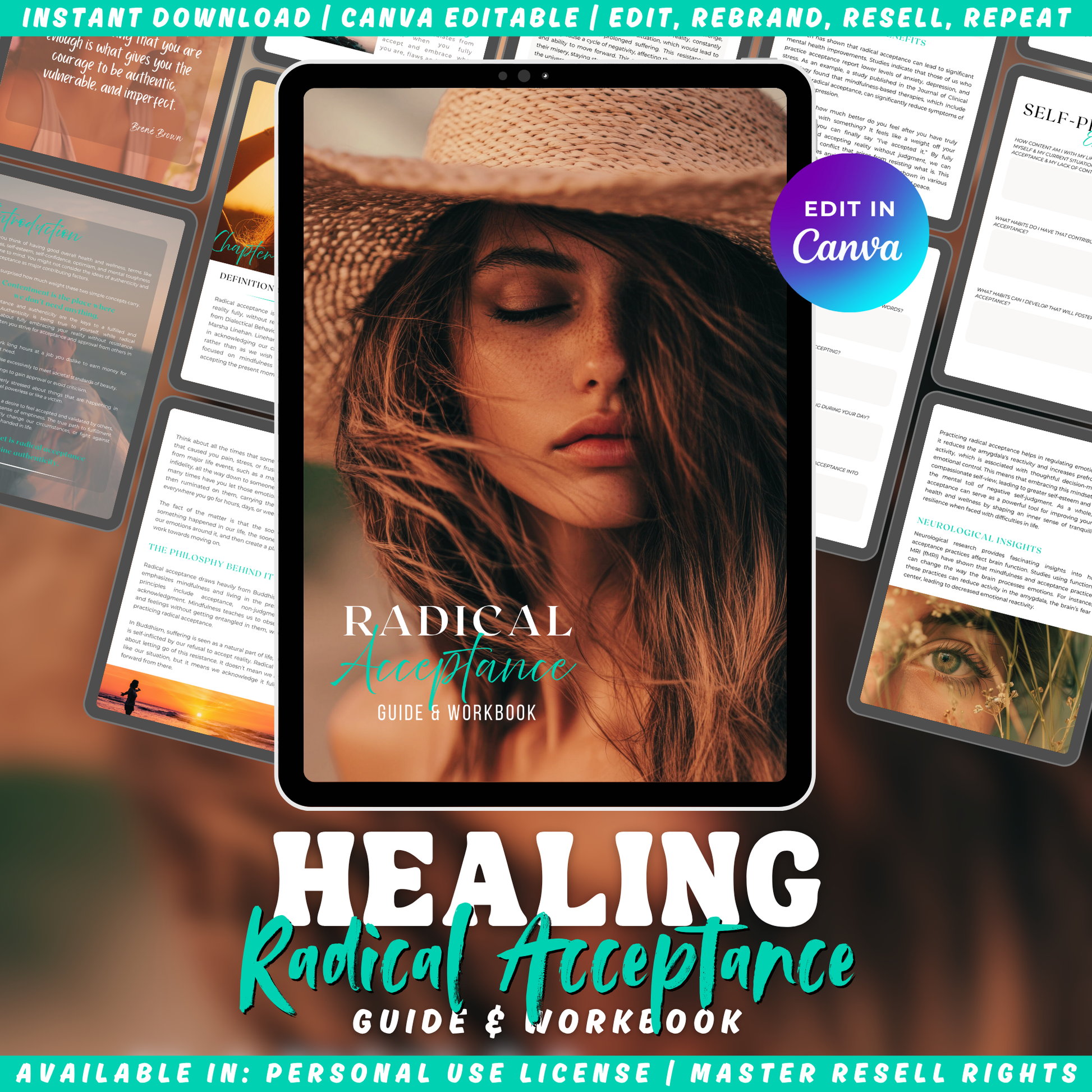 Cover of 'Healing Radical Acceptance' guide and workbook with a woman wearing a straw hat. Previews of the book's pages in the background. Available in personal use license, private label rights and master resell rights. 