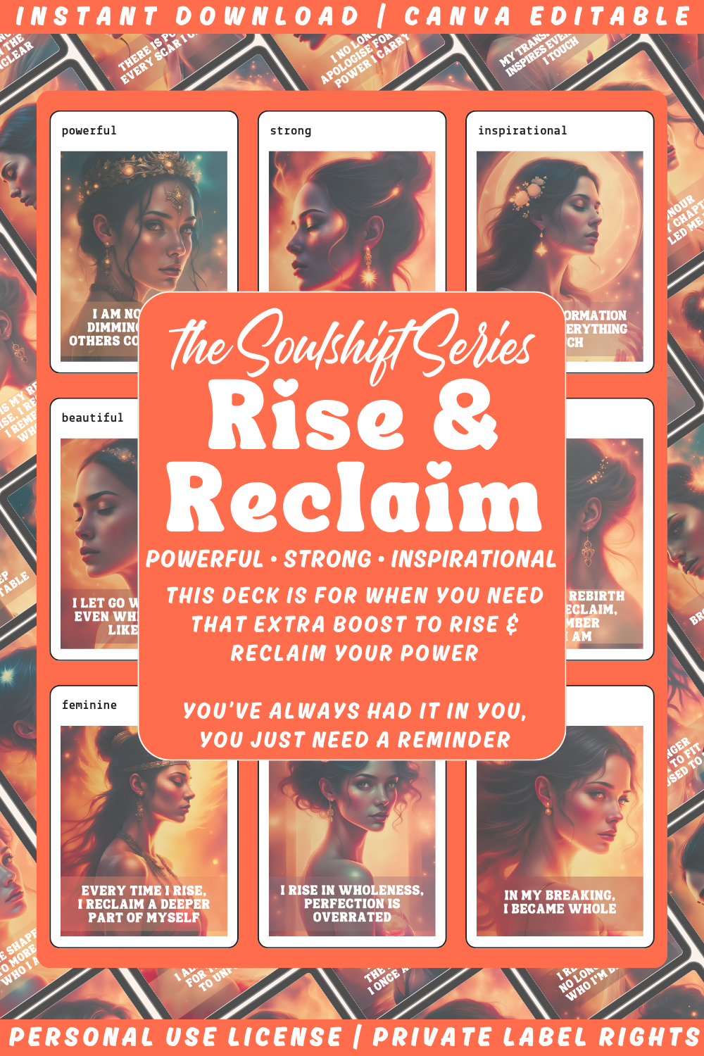 Promotional graphic for the "Rise & Reclaim" affirmation cards, a deck part of the "Soulshift" collection. Available in personal use license and private label rights. Image showing a collage of previews of the affirmation cards. 