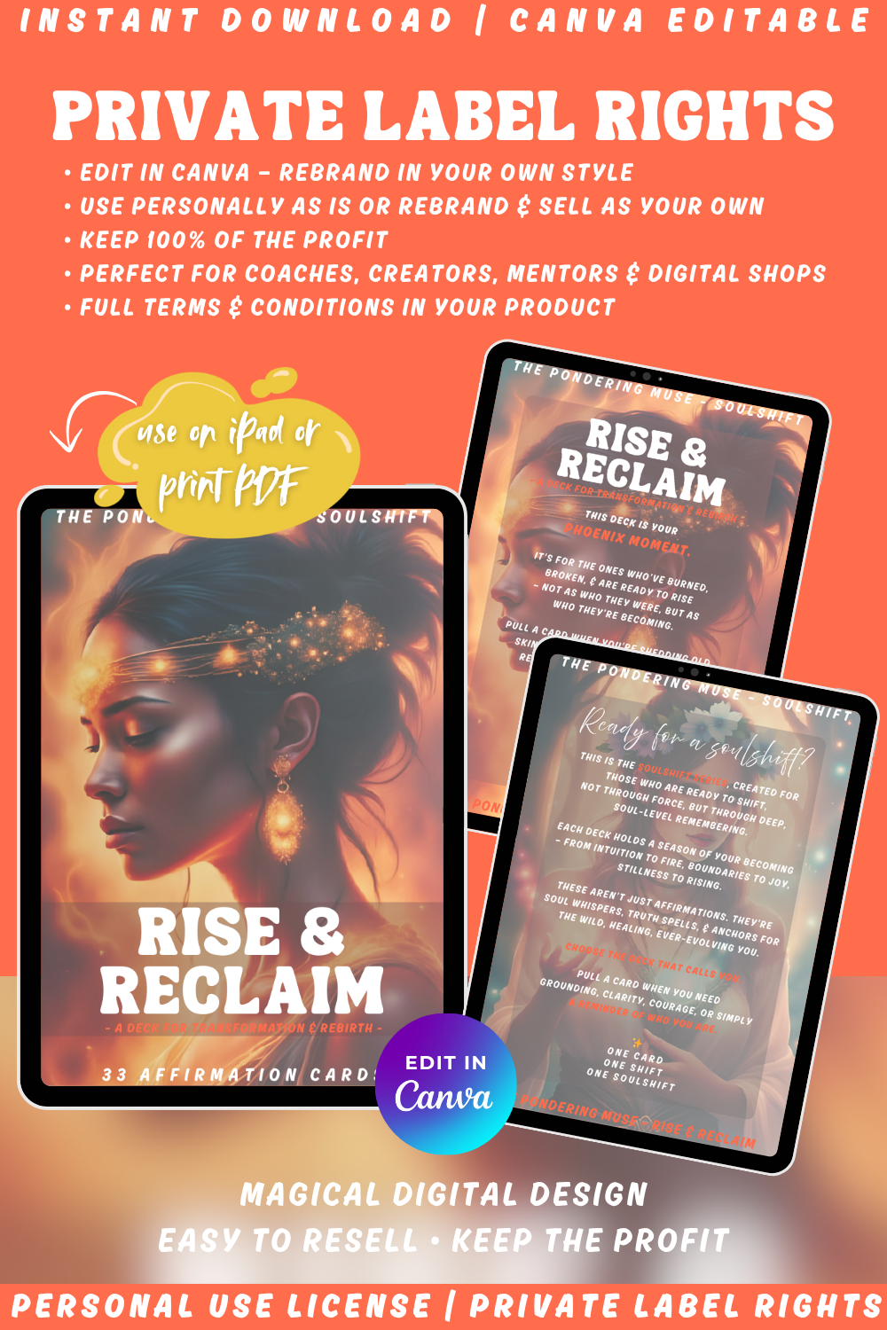 Promotional graphic for the "Rise & Reclaim" affirmation cards, a deck part of the "Soulshift" collection. Available in personal use license and private label rights. Image explaining private label rights. 