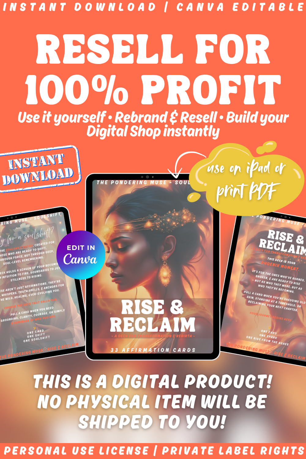 Promotional graphic for the "Rise & Reclaim" affirmation cards, a deck part of the "Soulshift" collection. Available in personal use license and private label rights. Image explaining private label rights and possibility to resell and keep 100% profit.