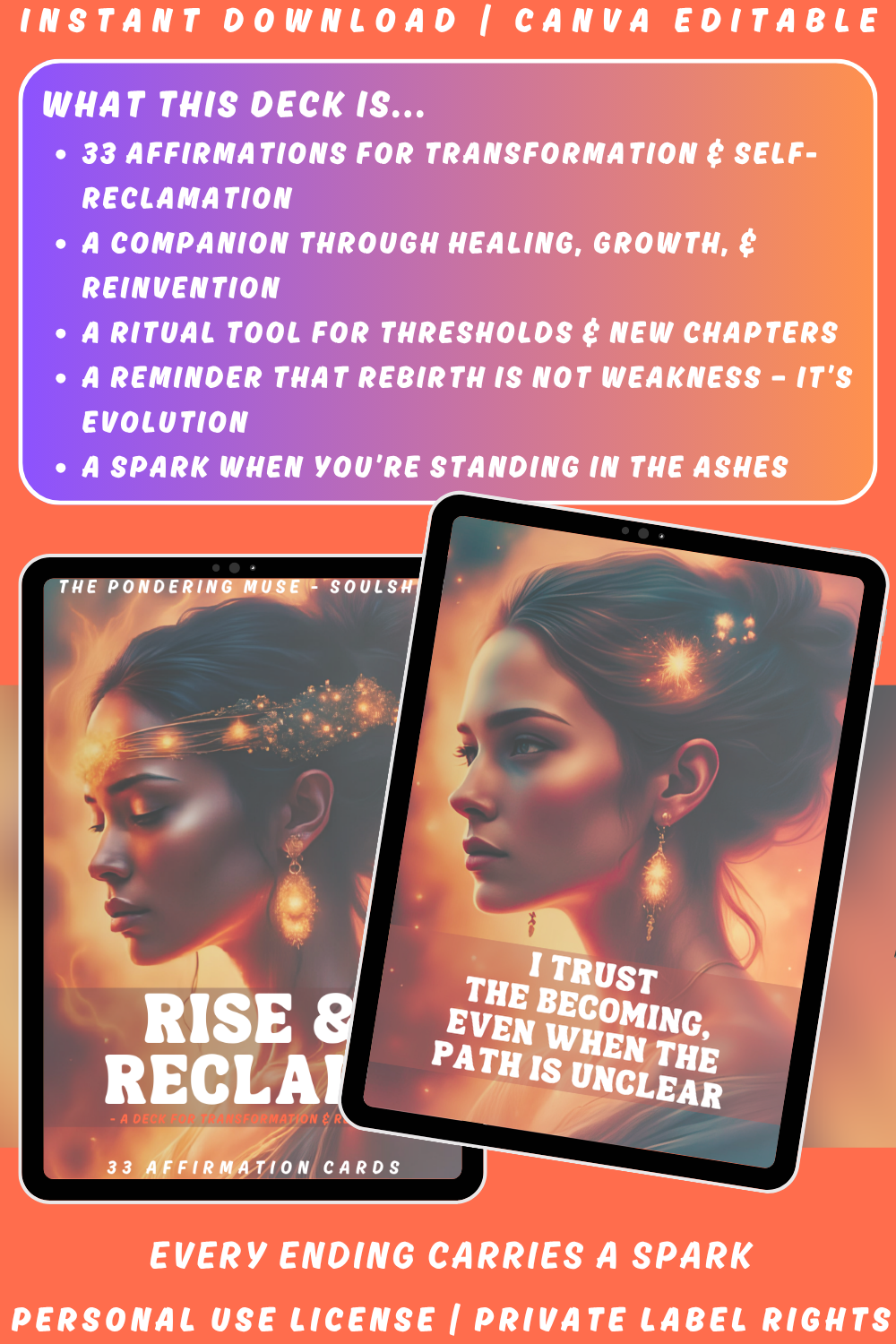 Promotional graphic for the "Rise & Reclaim" affirmation cards, a deck part of the "Soulshift" collection. Available in personal use license and private label rights. image explaining what this deck is.