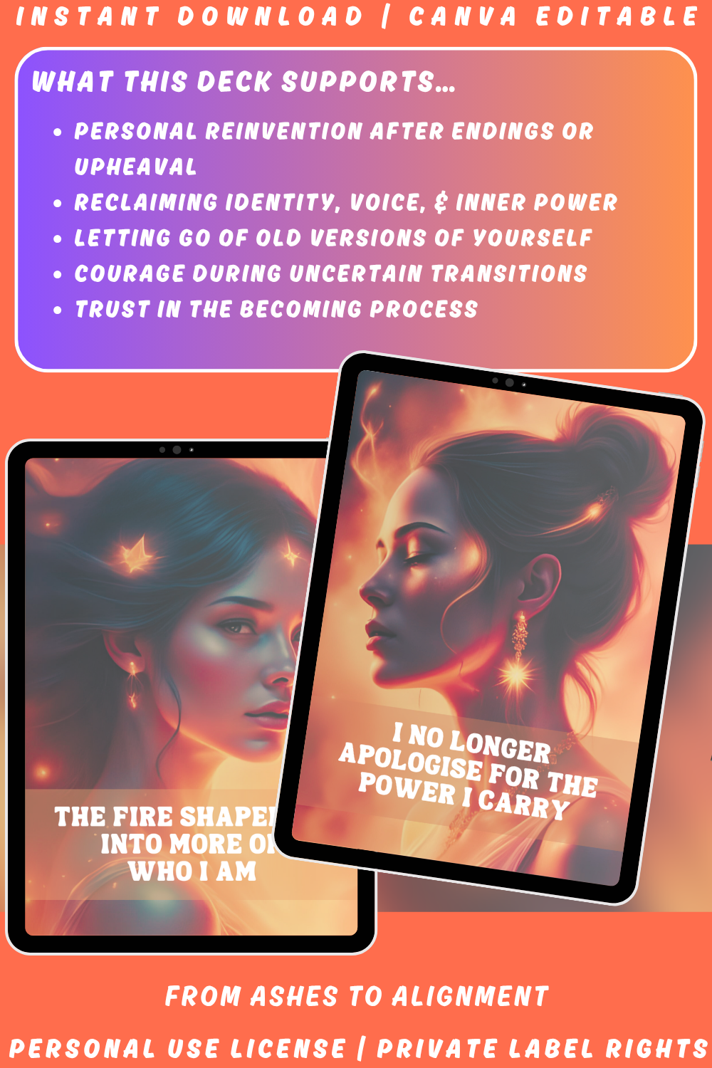 Promotional graphic for the "Rise & Reclaim" affirmation cards, a deck part of the "Soulshift" collection. Available in personal use license and private label rights. image explaining what this deck supports. 