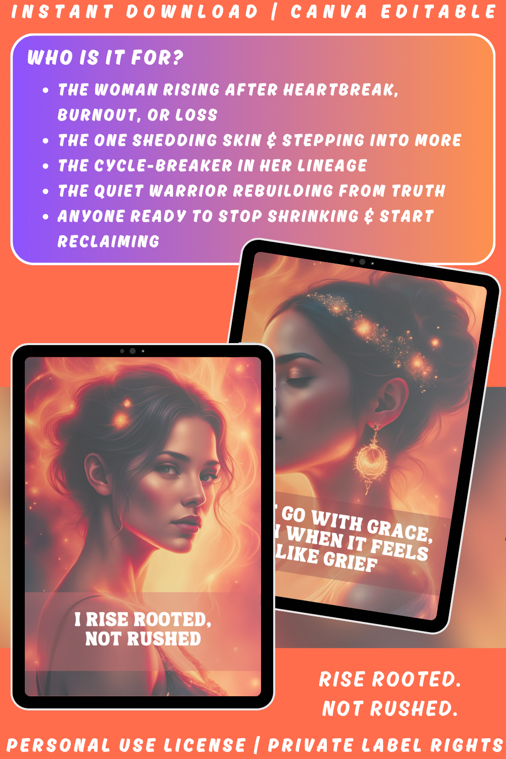 Promotional graphic for the "Rise & Reclaim" affirmation cards, a deck part of the "Soulshift" collection. Available in personal use license and private label rights. Image explaining who this deck is for. 