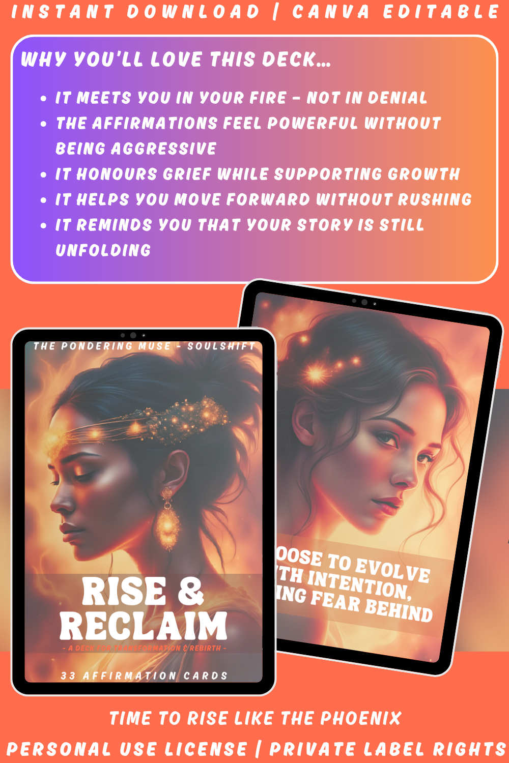 Promotional graphic for the "Rise & Reclaim" affirmation cards, a deck part of the "Soulshift" collection. Available in personal use license and private label rights. image explaining why you'll love this deck. 