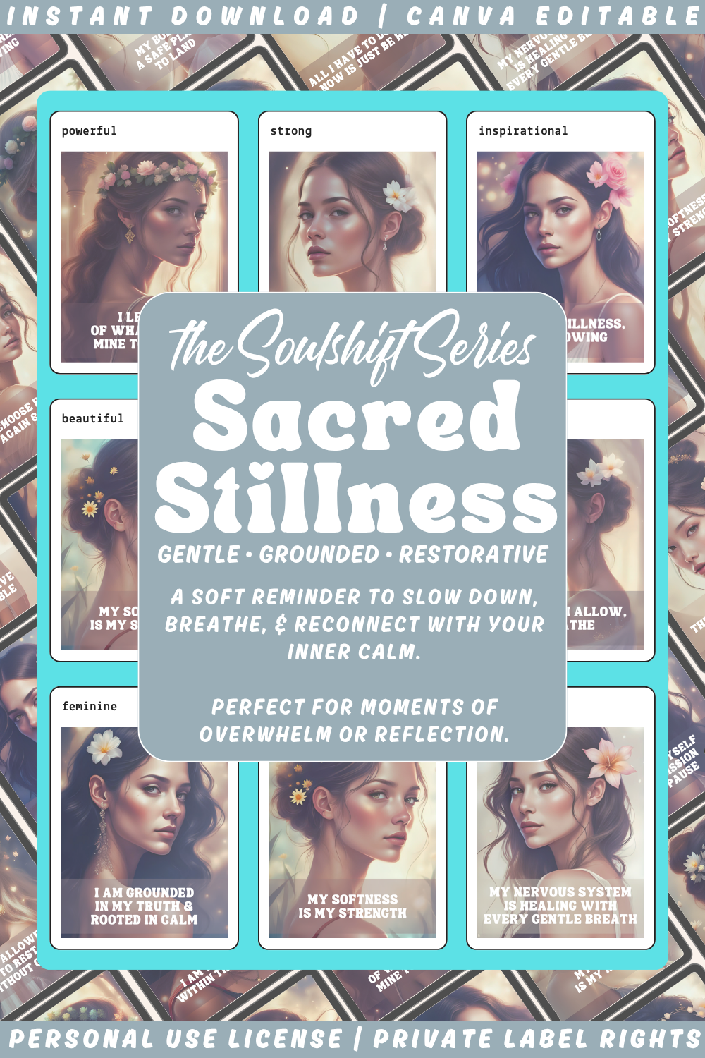 Promotional graphic for 'Sacred Stillness' affirmation cards from the collection "Soulshift". Available in personal use license and private label rights. image is a collage with previews of the affirmation cards.
