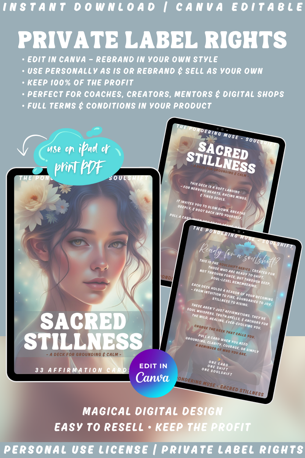 Promotional graphic for 'Sacred Stillness' affirmation cards from the collection "Soulshift". Available in personal use license and private label rights. image explaining private label rights.