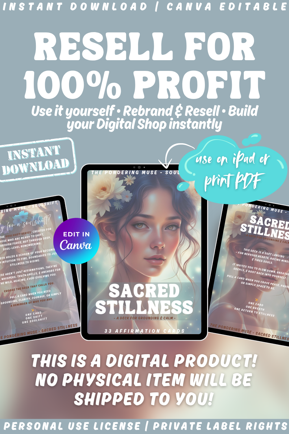 Promotional graphic for 'Sacred Stillness' affirmation cards from the collection "Soulshift". Available in personal use license and private label rights. Resell for 100% profit