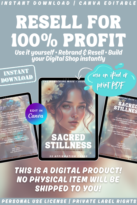 Promotional graphic for 'Sacred Stillness' affirmation cards from the collection "Soulshift". Available in personal use license and private label rights. Resell for 100% profit