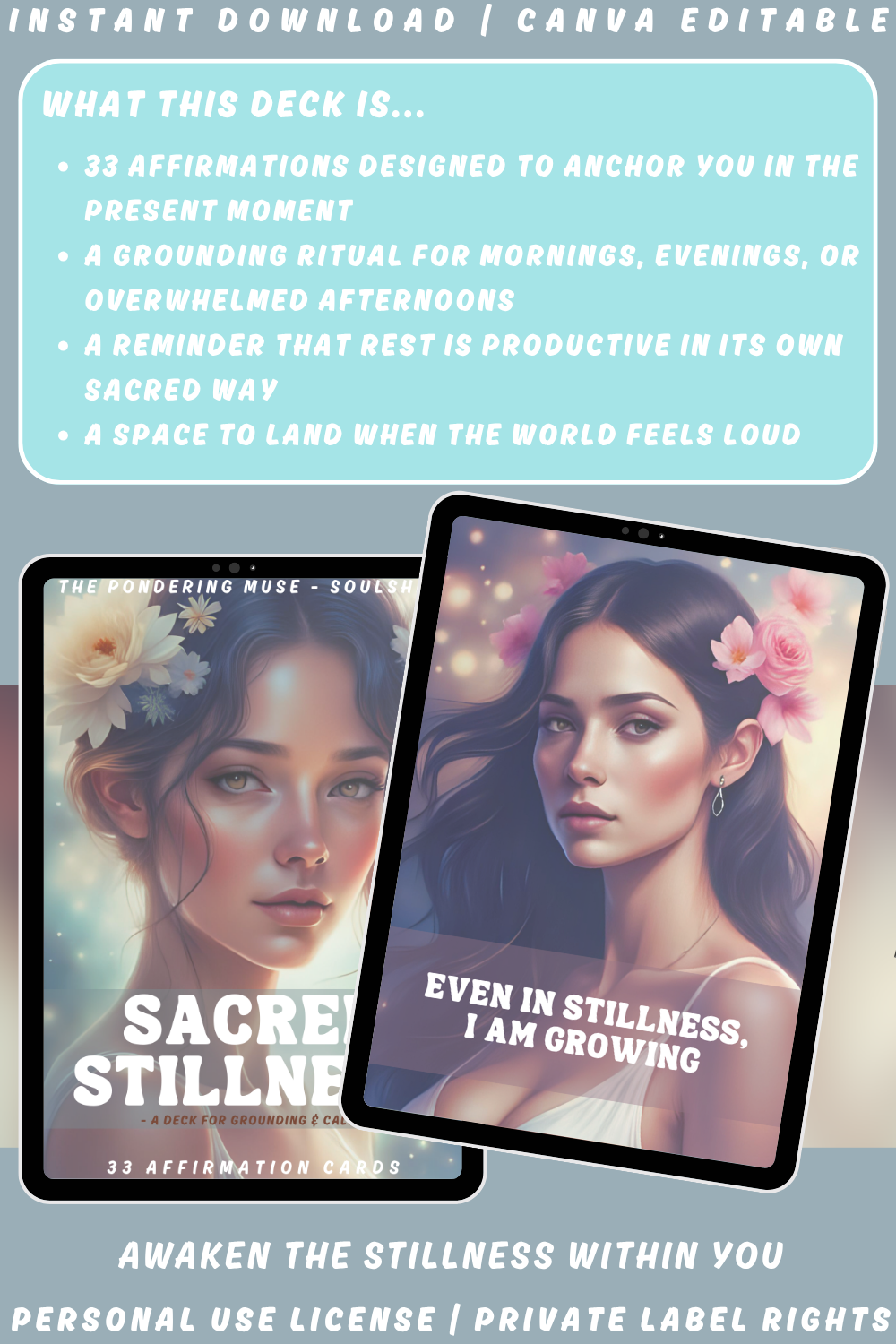 Promotional graphic for 'Sacred Stillness' affirmation cards from the collection "Soulshift". Available in personal use license and private label rights. image explaining what this deck is