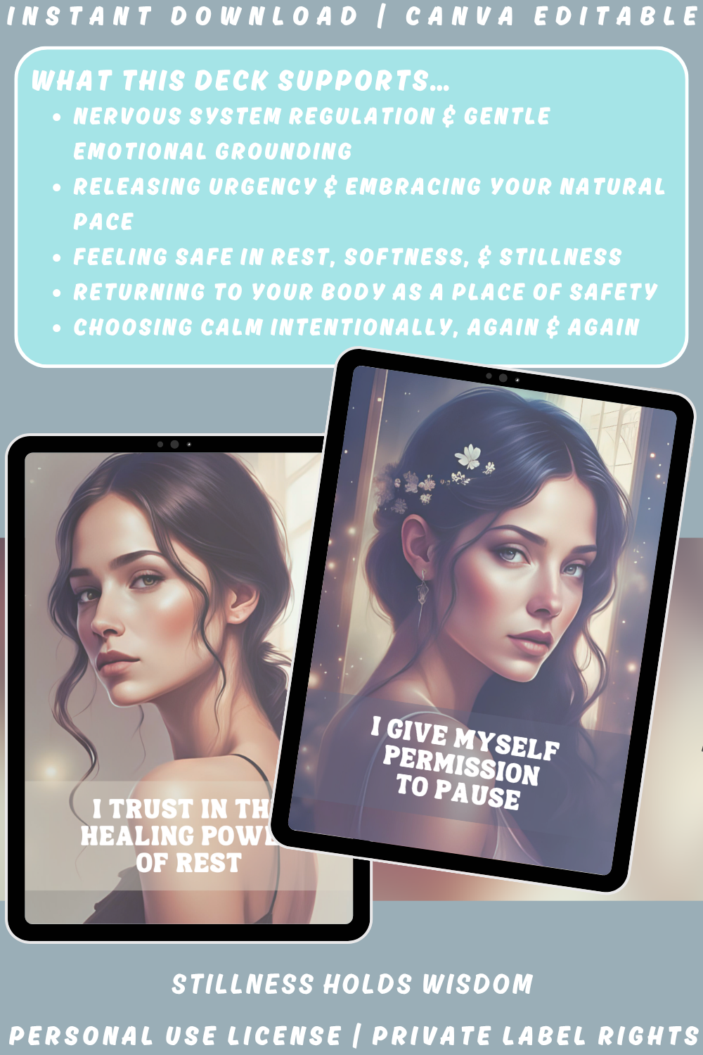 Promotional graphic for 'Sacred Stillness' affirmation cards from the collection "Soulshift". Available in personal use license and private label rights. image explaining what this deck supports