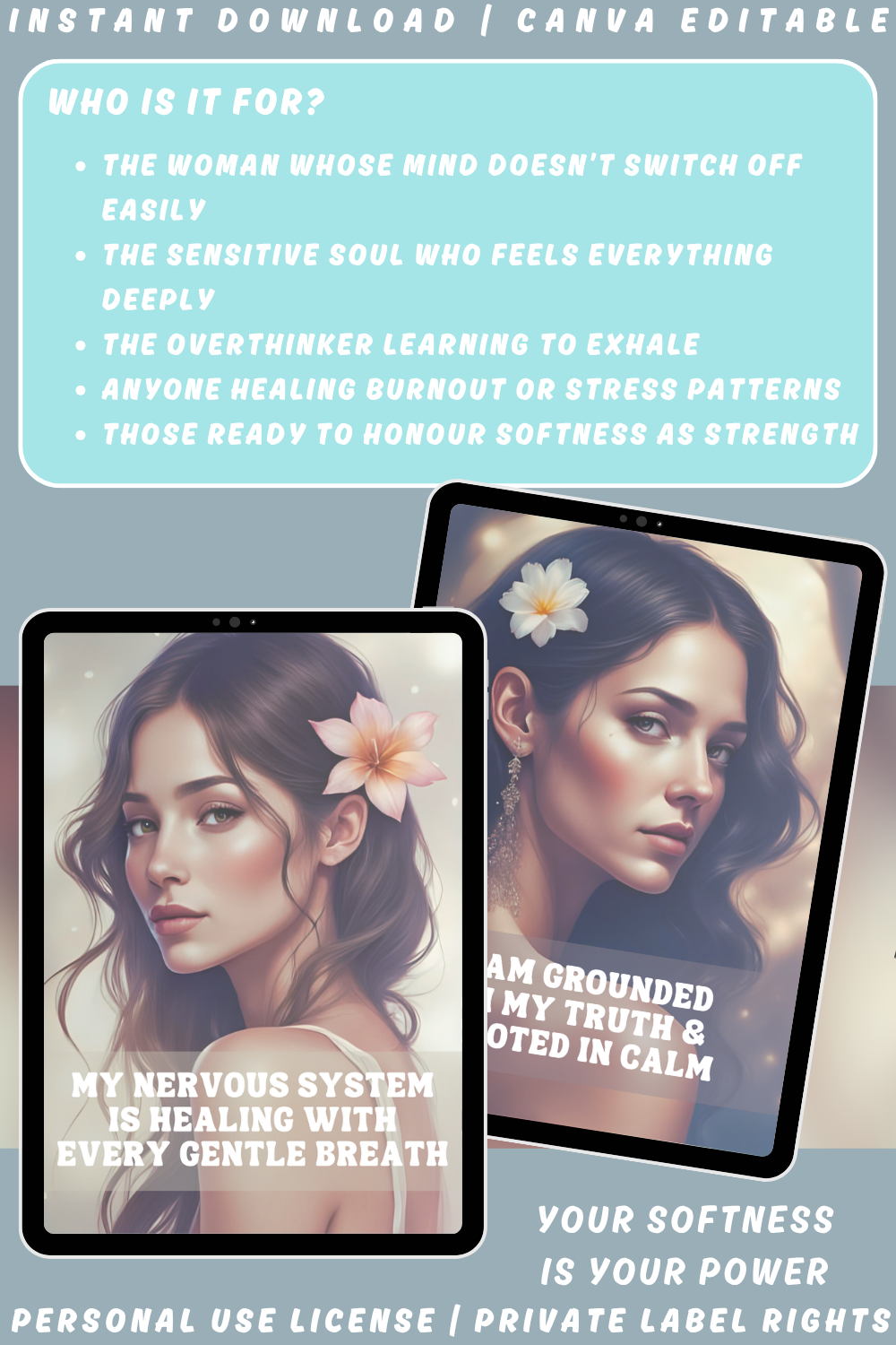 Promotional graphic for 'Sacred Stillness' affirmation cards from the collection "Soulshift". Available in personal use license and private label rights. image explaining who this deck is for