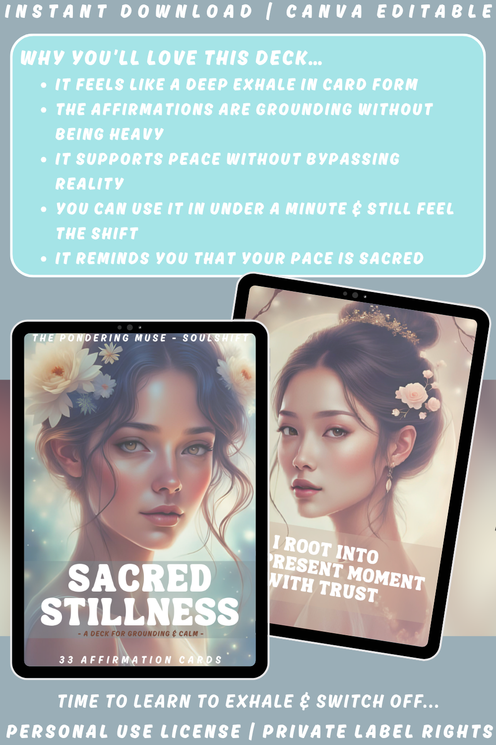 Promotional graphic for 'Sacred Stillness' affirmation cards from the collection "Soulshift". Available in personal use license and private label rights. image explaining why you'll love this deck