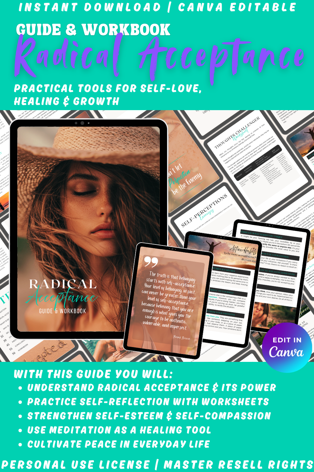 Promotional graphic for 'Radical Acceptance' eBook and Workbook helping you understand and practice self-reflection and strengthen self-esteem and self-compassion. Available in personal use license, private label rights, and master resell rights. 