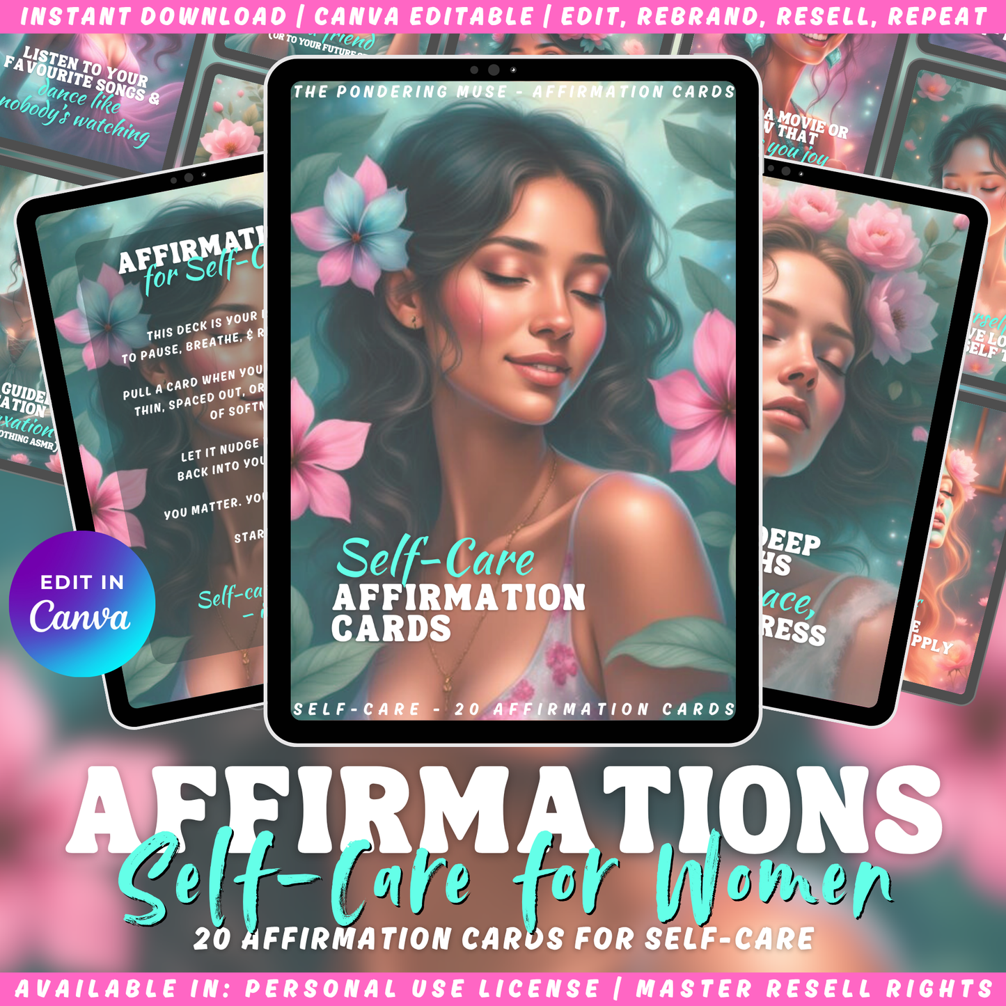 Promotional graphic for self-care affirmation cards with a woman's face and floral elements.
