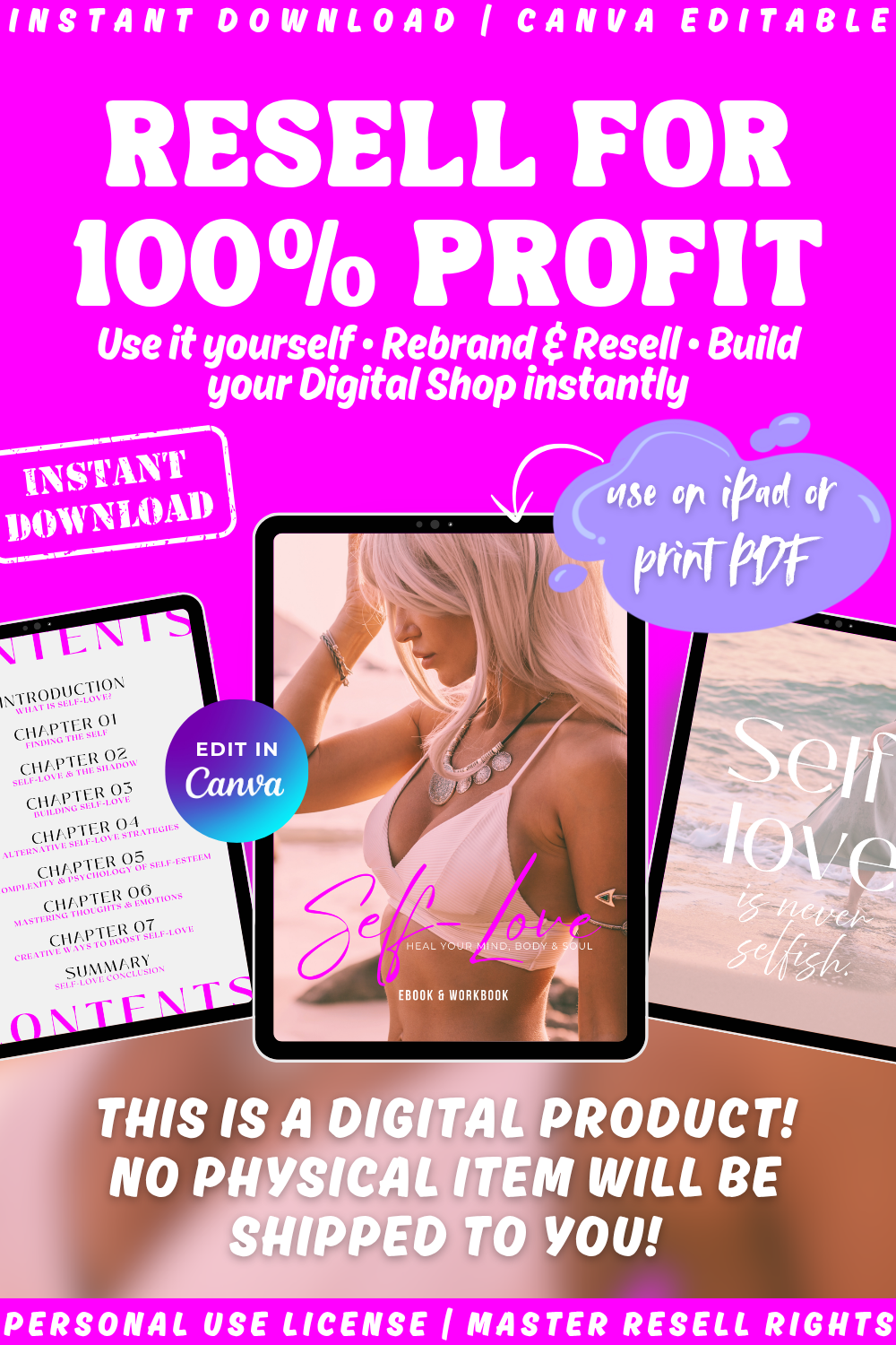 Digital product promotion graphic of "self-love - heal your mind, body and soul". this healing book can be used or rebranded and resold. Instant download. 