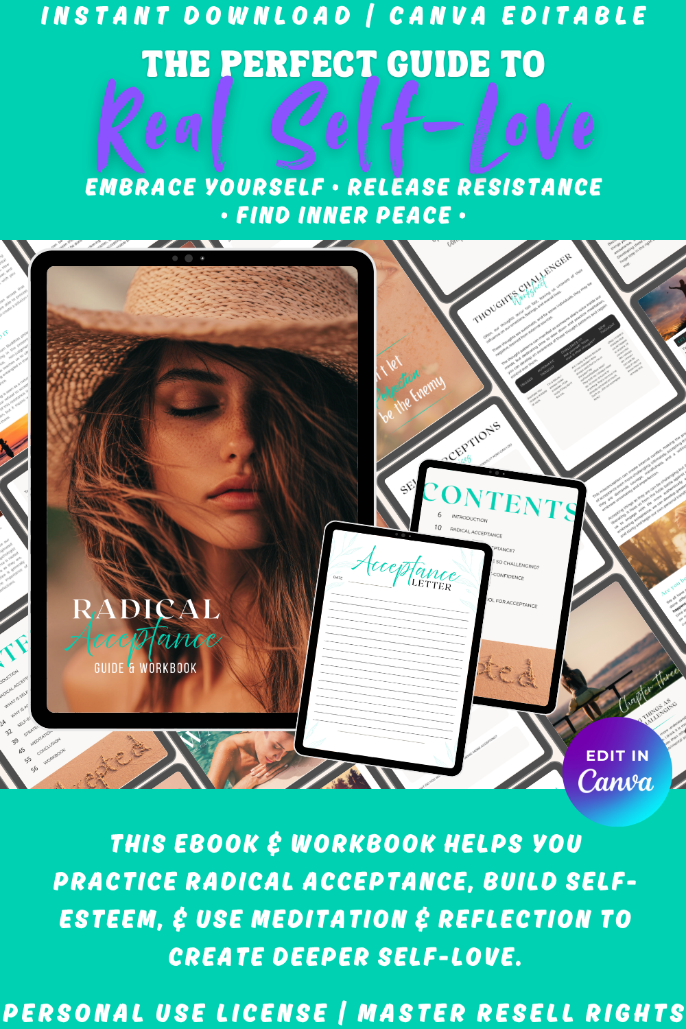 Cover of "Radical Acceptance" guide and workbook sits on top of smaller previews of the book's pages. This ebook helps build self-esteem and create deeper self-love. Available in personal use license, private label rights and master resell rights. 