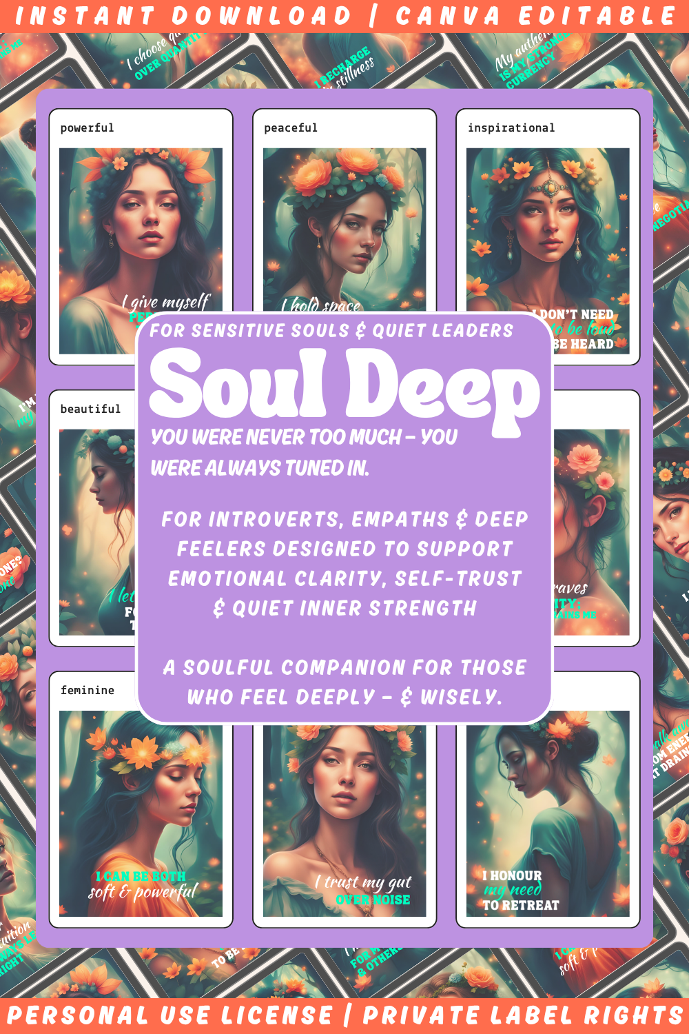 Promotional graphic showcasing previews of the affirmation cards "Soul Deep". A soulful companion for those who feel deeply. Available in personal use license and private label rights. 
