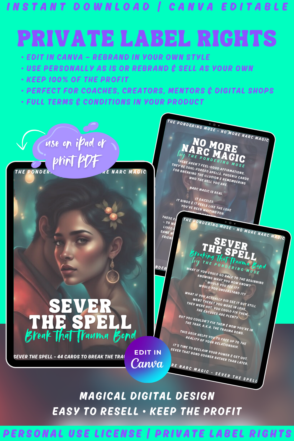 Promotional graphic explaining private label rights. THis is Sever the spell - break that trauma bond from the collection no more narc magic. About narcissistic abuse recovery. Available in personal use license and private label rights. 
