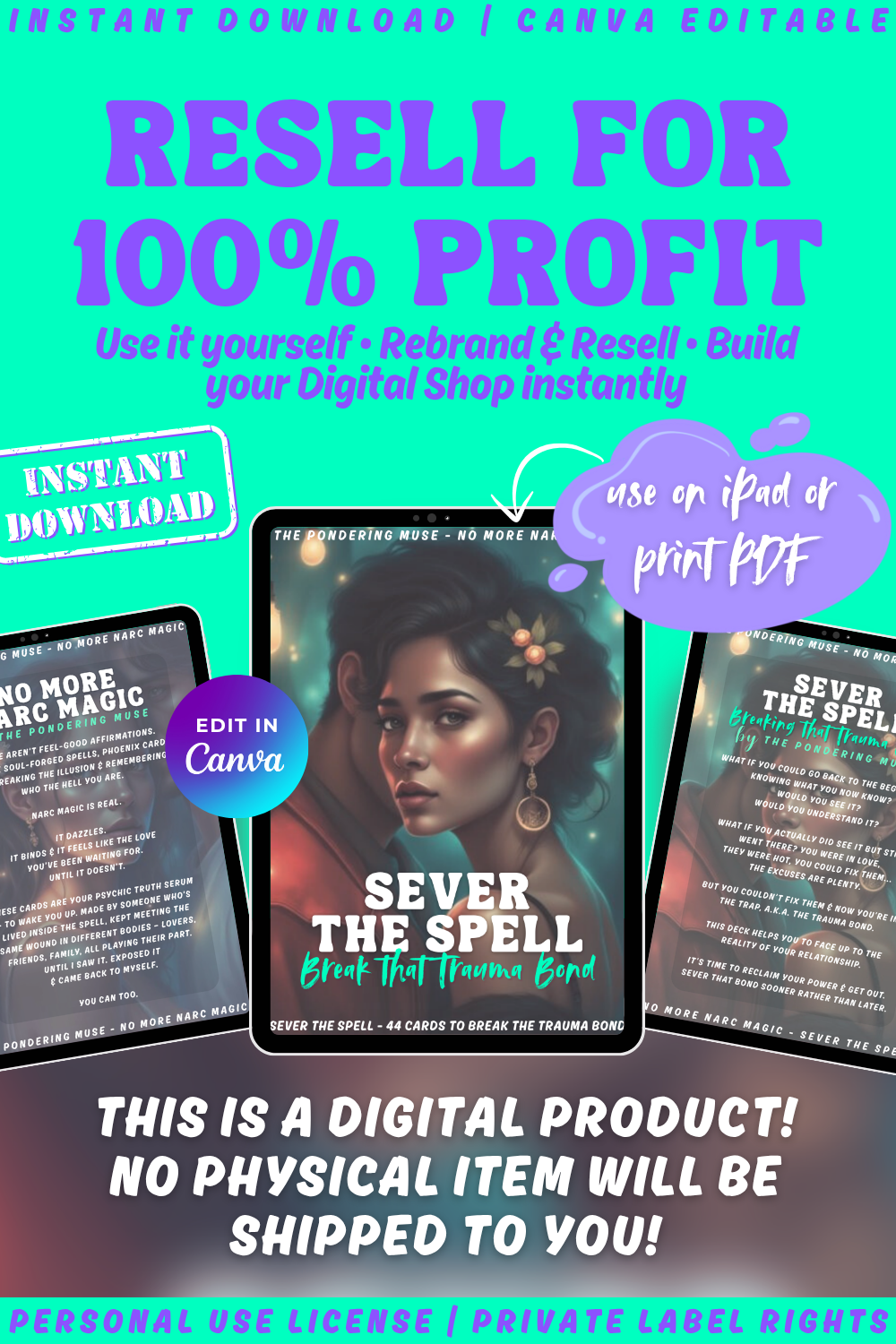 Promotional graphic showing previews of the sever the spell affirmation card deck. available in private label rights so you can resell and keep 100% profit. 