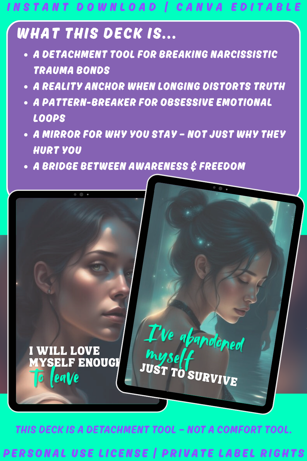 Promotional graphic explaining what the Sever the spell deck is. Break that trauma bond. about narcissistic abuse. available in personal use license and private label rights.
