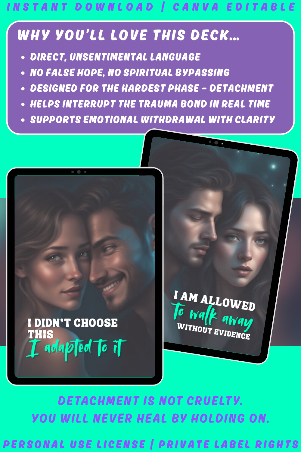 Promotional graphic explaining why you'll love the Sever the spell deck. Break that trauma bond. about narcissistic abuse. available in personal use license and private label rights.