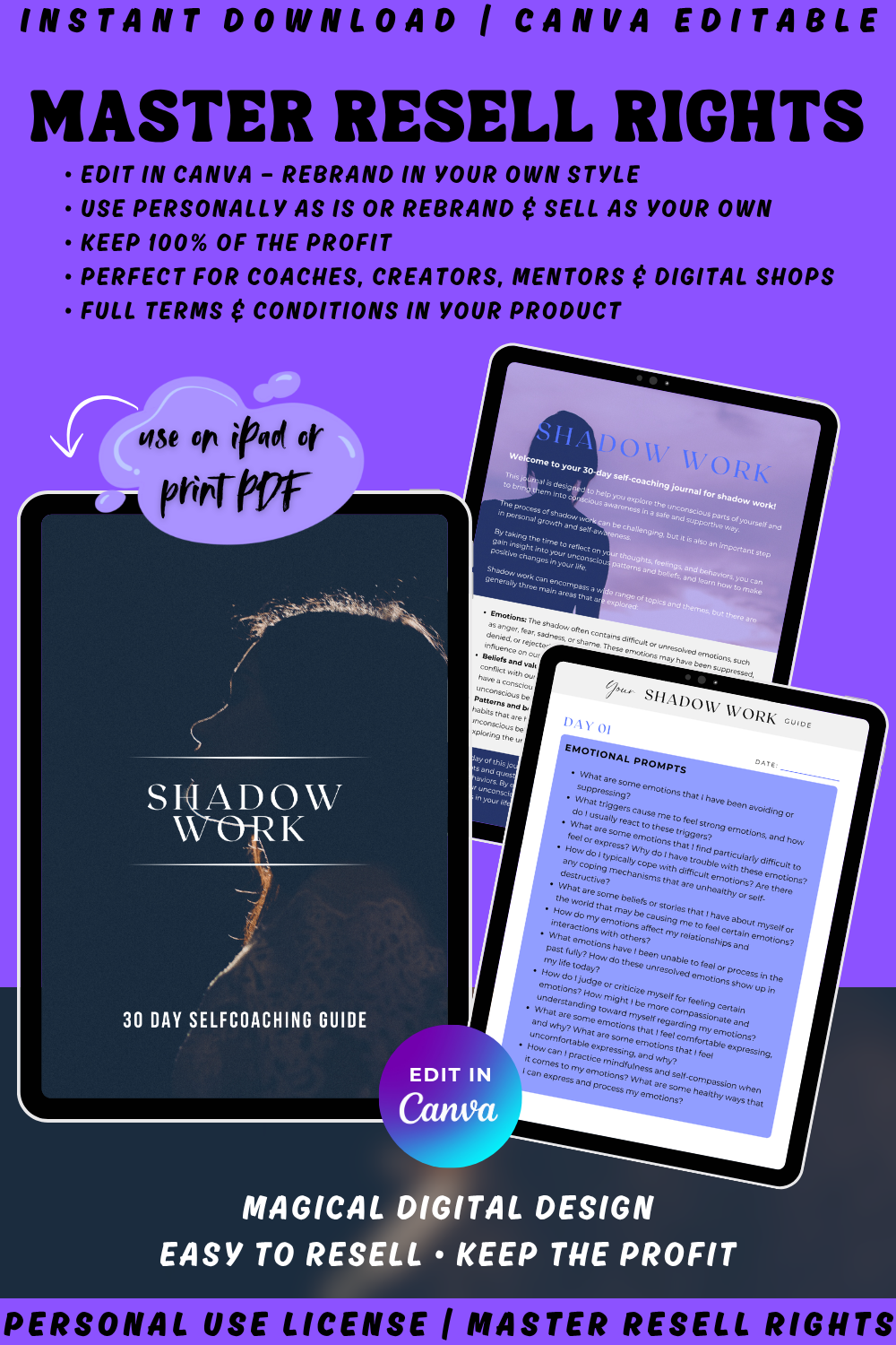 Digital product and instant download. "Shadow work 30-day self-coaching guide" is available in personal use license and master resell rights. Edit in canva and resell and keep 100% profit. 