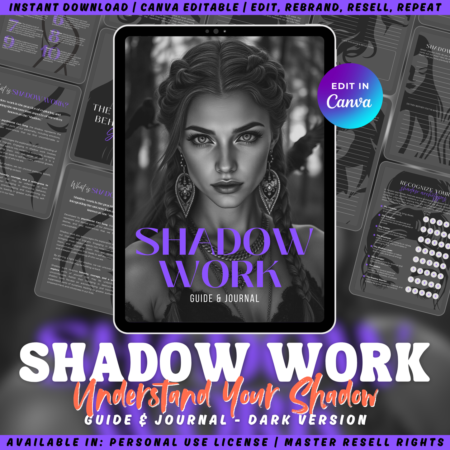 Promotional graphic for 'Shadow Work' guide and journal. Available in personal use license and master resell rights. 