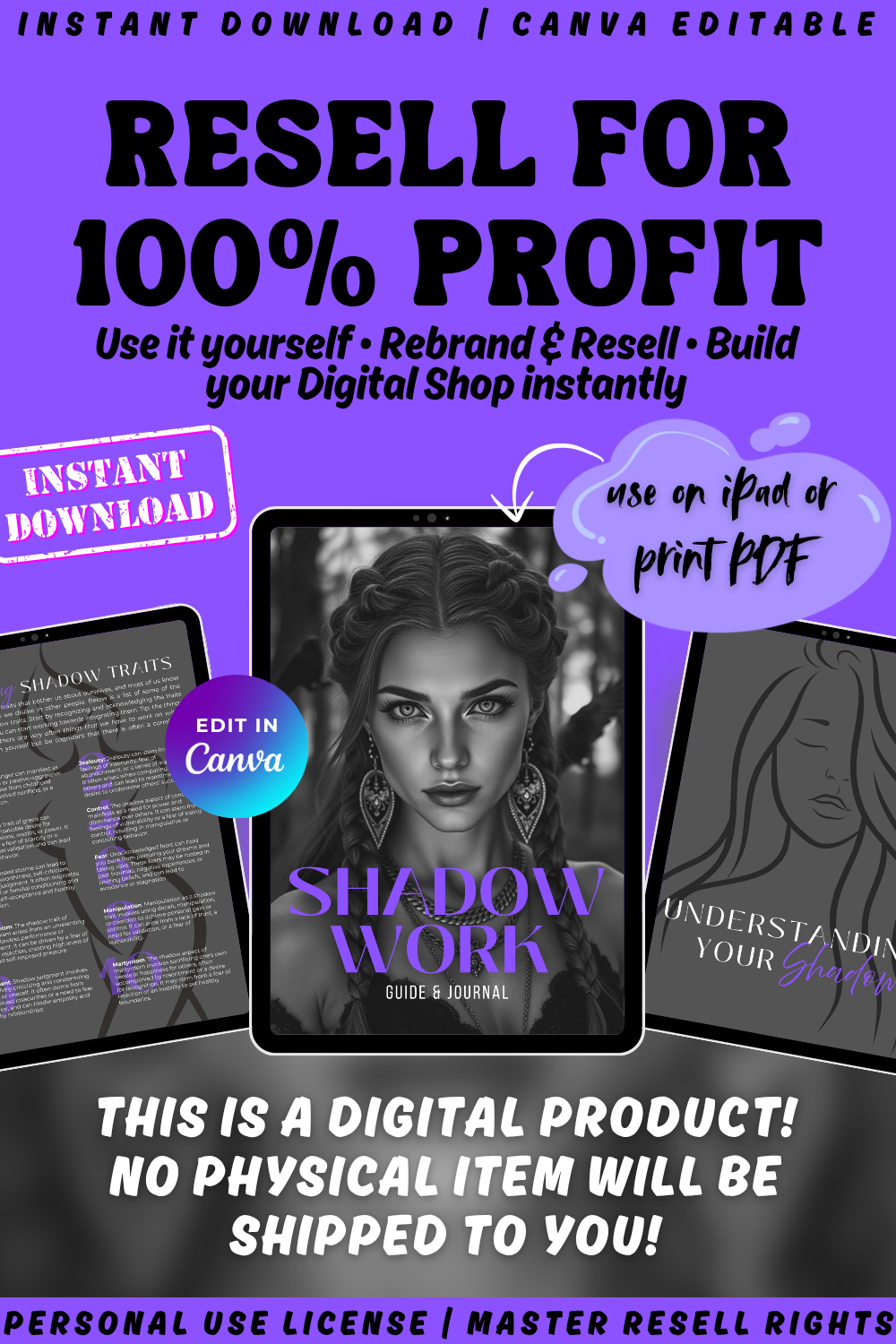 Promotional image of the Digital product "Shadow Work guide & journal". Available in master resell rights to sell for 100% profit. Instant download. 