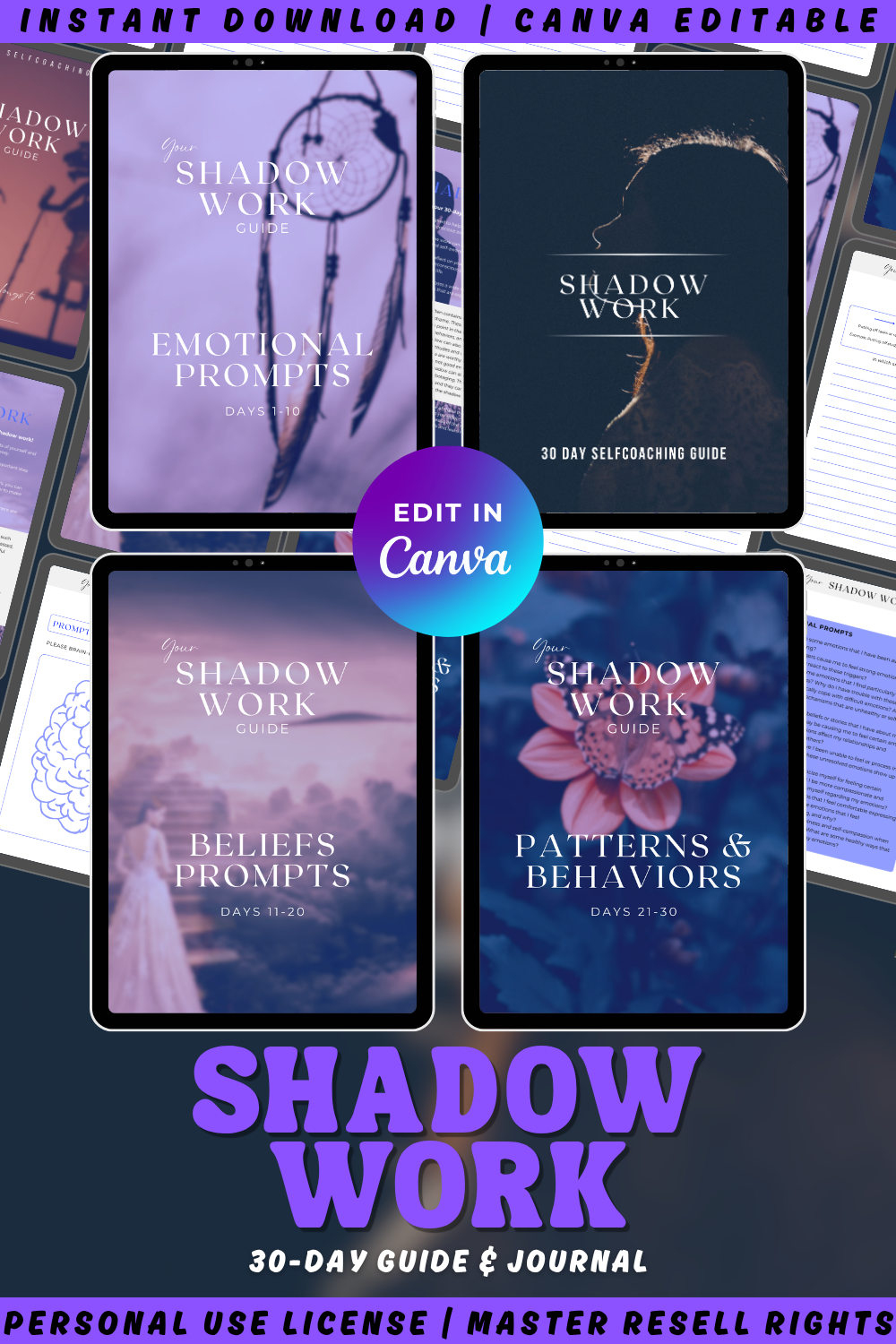Overview of the Shadow Work guide, journal and workbook. It's a 30day self-coaching workbook and a perfect healing tool. Available in personal use license and master resell rights. 