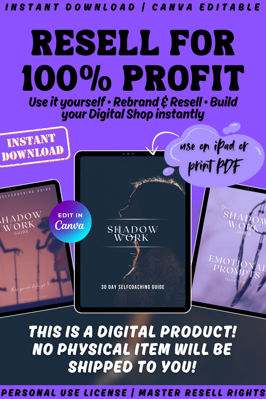 Promotional graphic for a digital product titled 'Shadow Work' with text about reselling and instant download. Available in personal use license, private label rights, and master resell rights. 