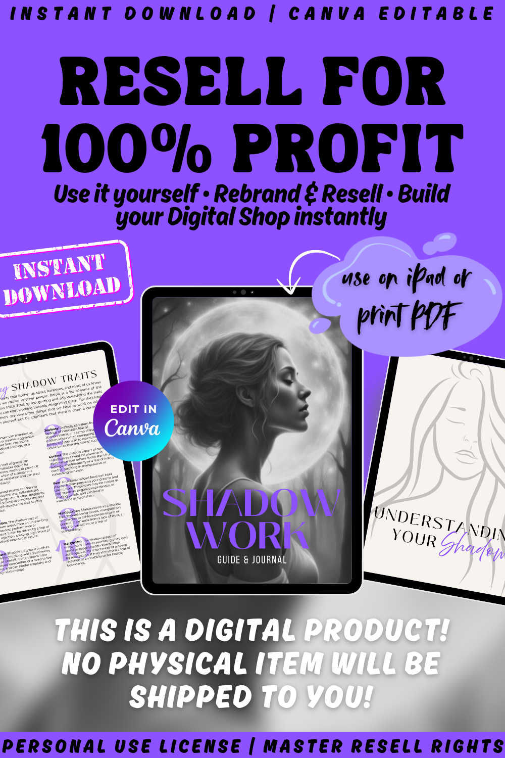 Promotional graphic for a digital product titled 'Shadow Work'. You can use this guide and journal yourself or rebrand and resell if you choose master resell rights. Instant download. 