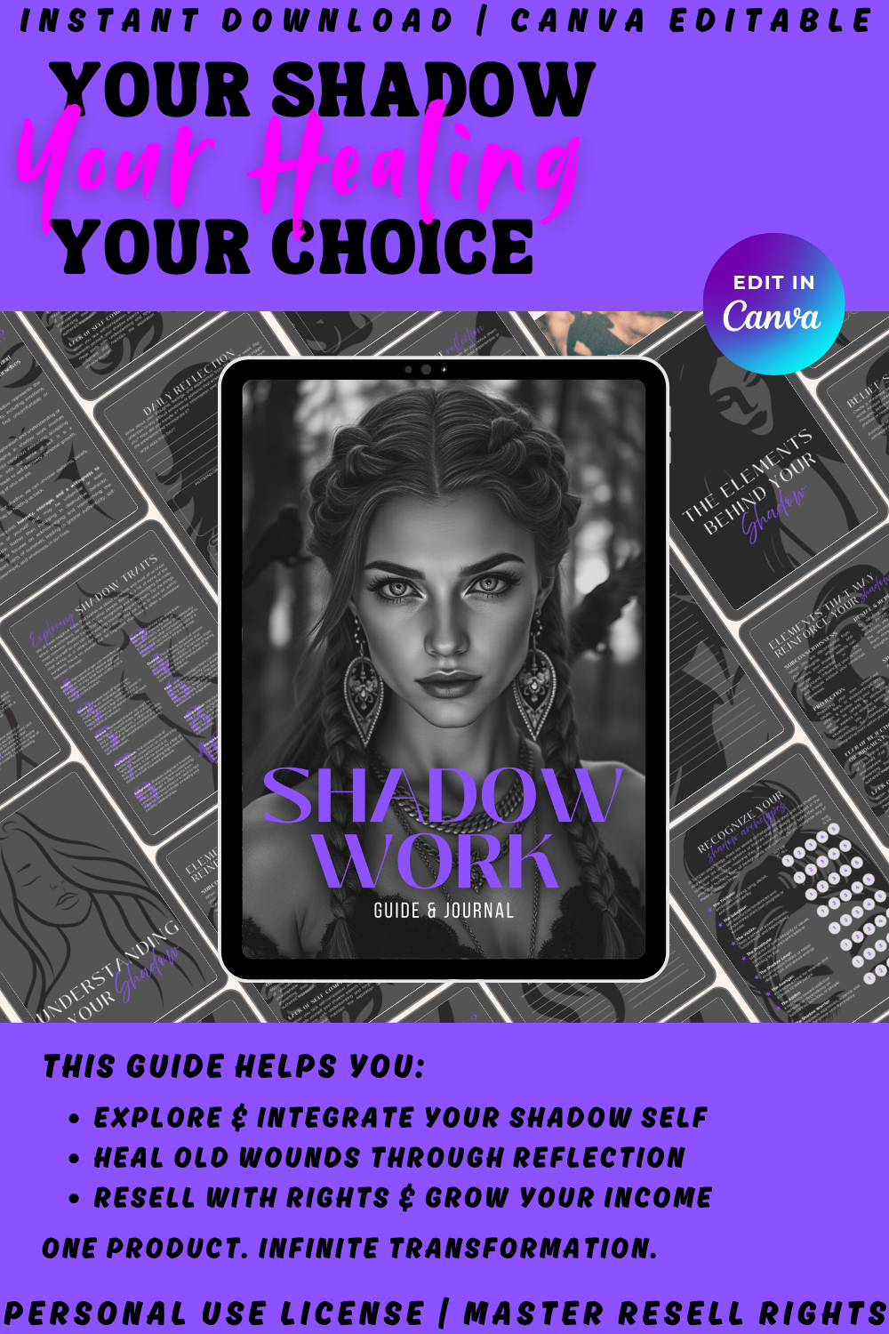 Promotional graphic for 'Shadow Work' guide and journal. This guide will help you explore and integrate your shadow self, heal old wounds through reflection. You can rebrand and resell and keep 100% of the profit. Available in PLR and MRR as well as personal use license. 