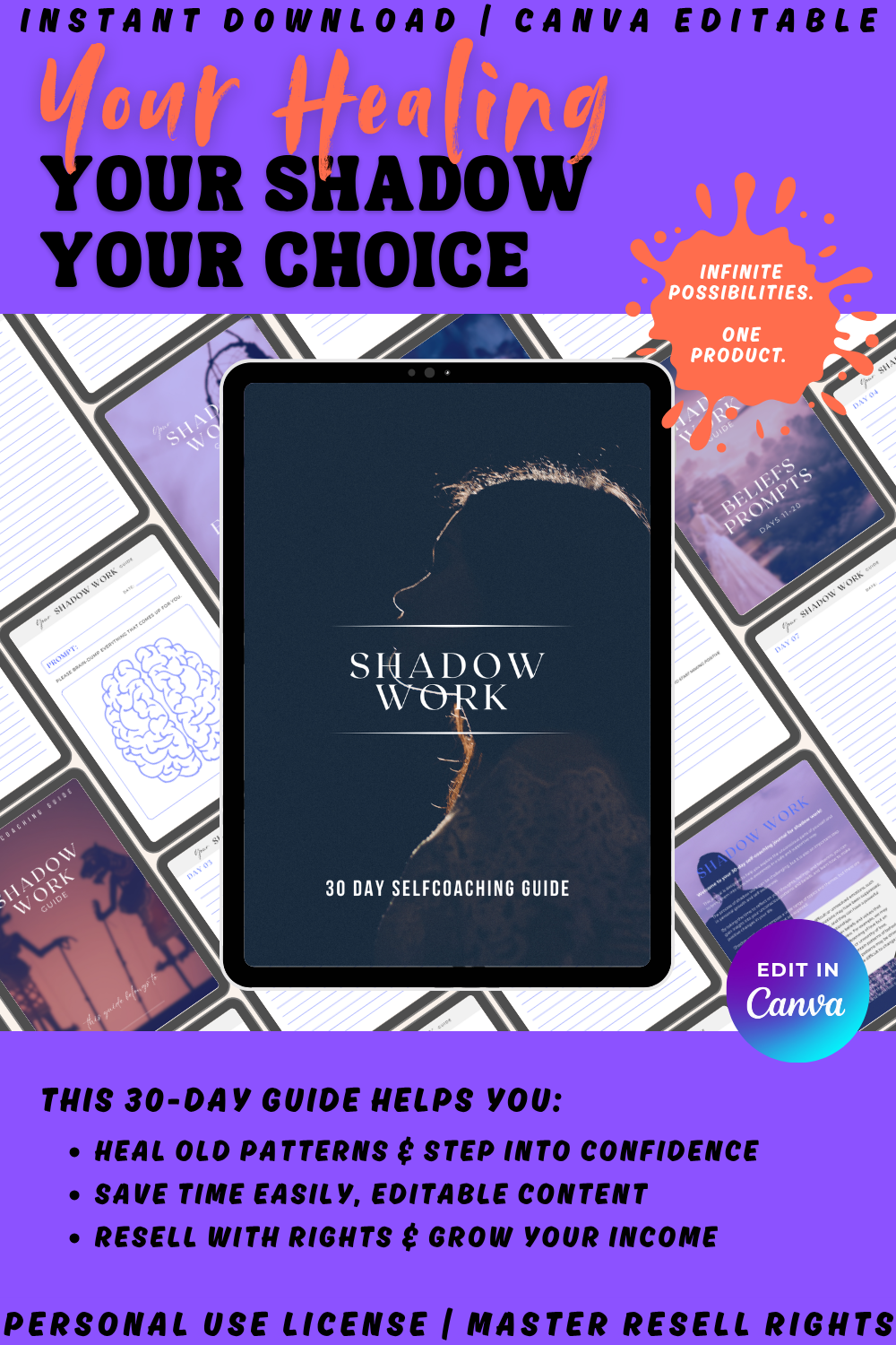 30-day self-coaching guide for shadow work. Perfect healing tool and workbook to help heal old patterns and step into confidence. 
