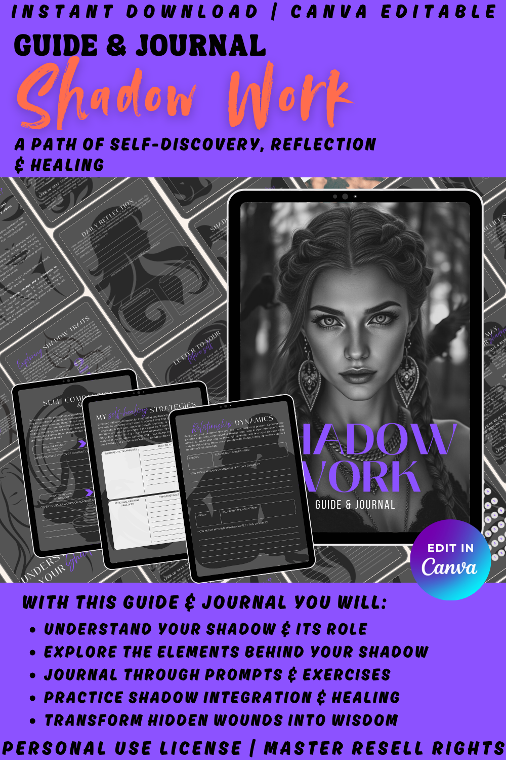 Promotional graphic for the guide and journal "Shadow Work". The guide aids in self-discovery, reflection, and healing. It will help you understand your shadow, and transform hidden wounds into wisdom. Available in personal use license and master resell rights. 