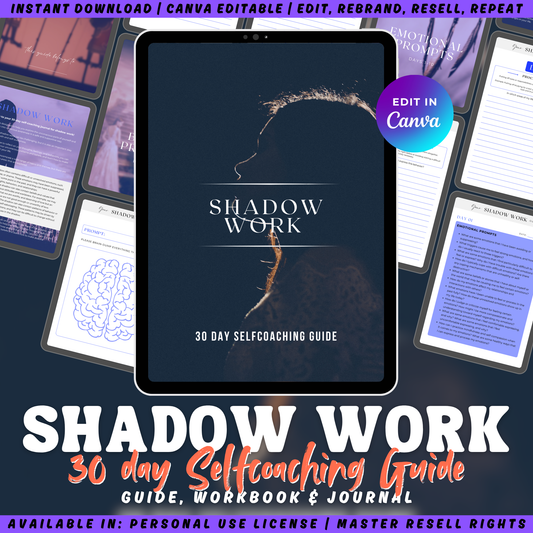 Promotional graphic for 'Shadow Work' 30-day selfcoaching guide and healing workbook. Available in personal use license and master resell rights. 